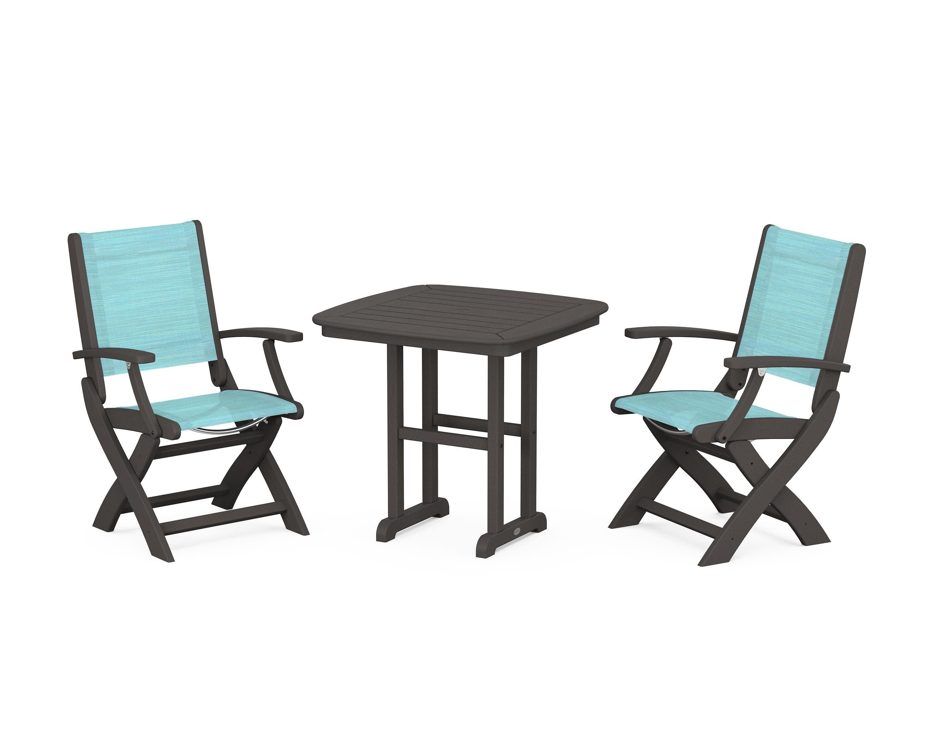 Coastal Folding Chair 3-Piece Dining Set in Vintage Coffee / Dupioni Aquamarine Sling
