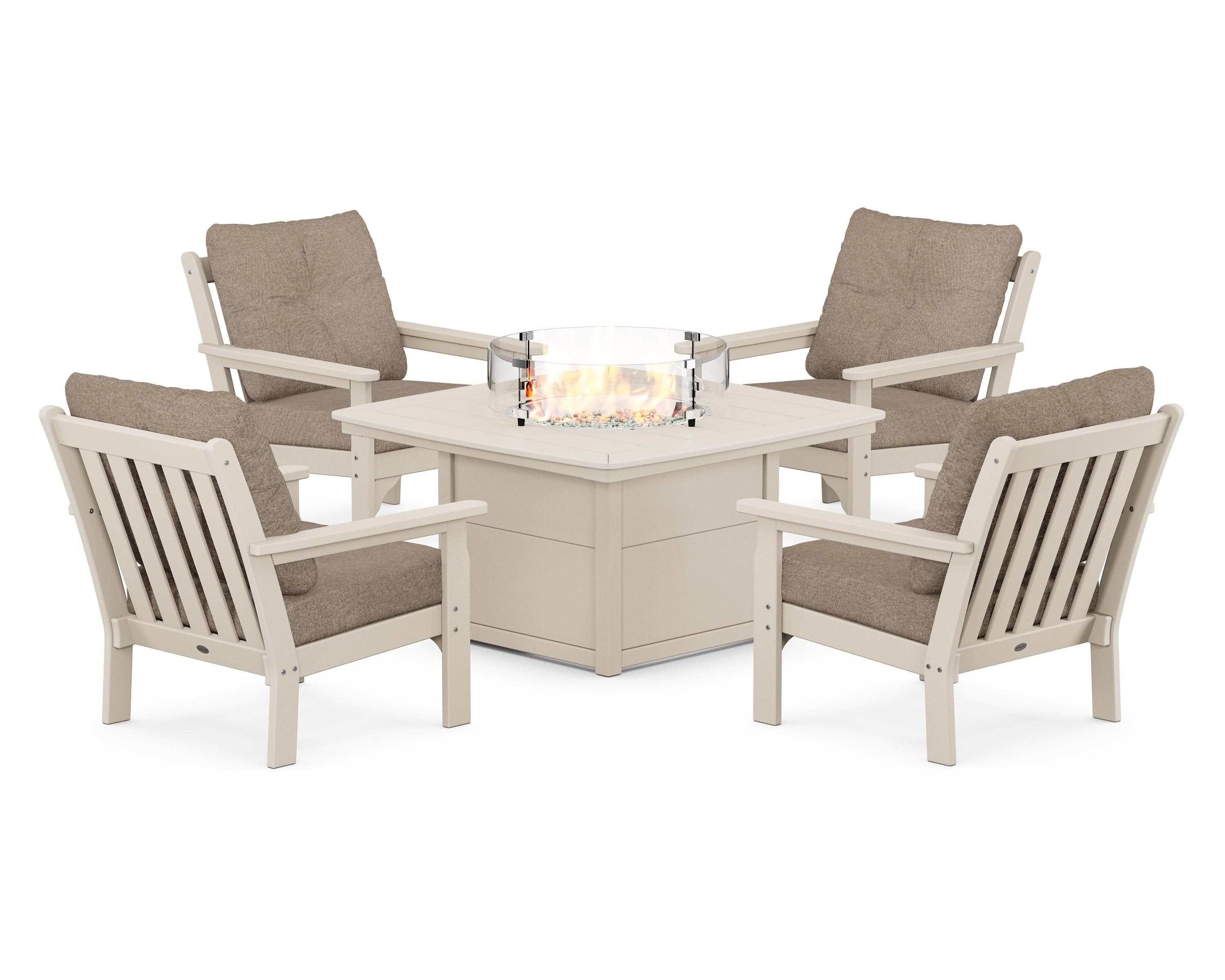 Vineyard 5-Piece Conversation Set with Fire Pit Table in Sand / Spiced Burlap