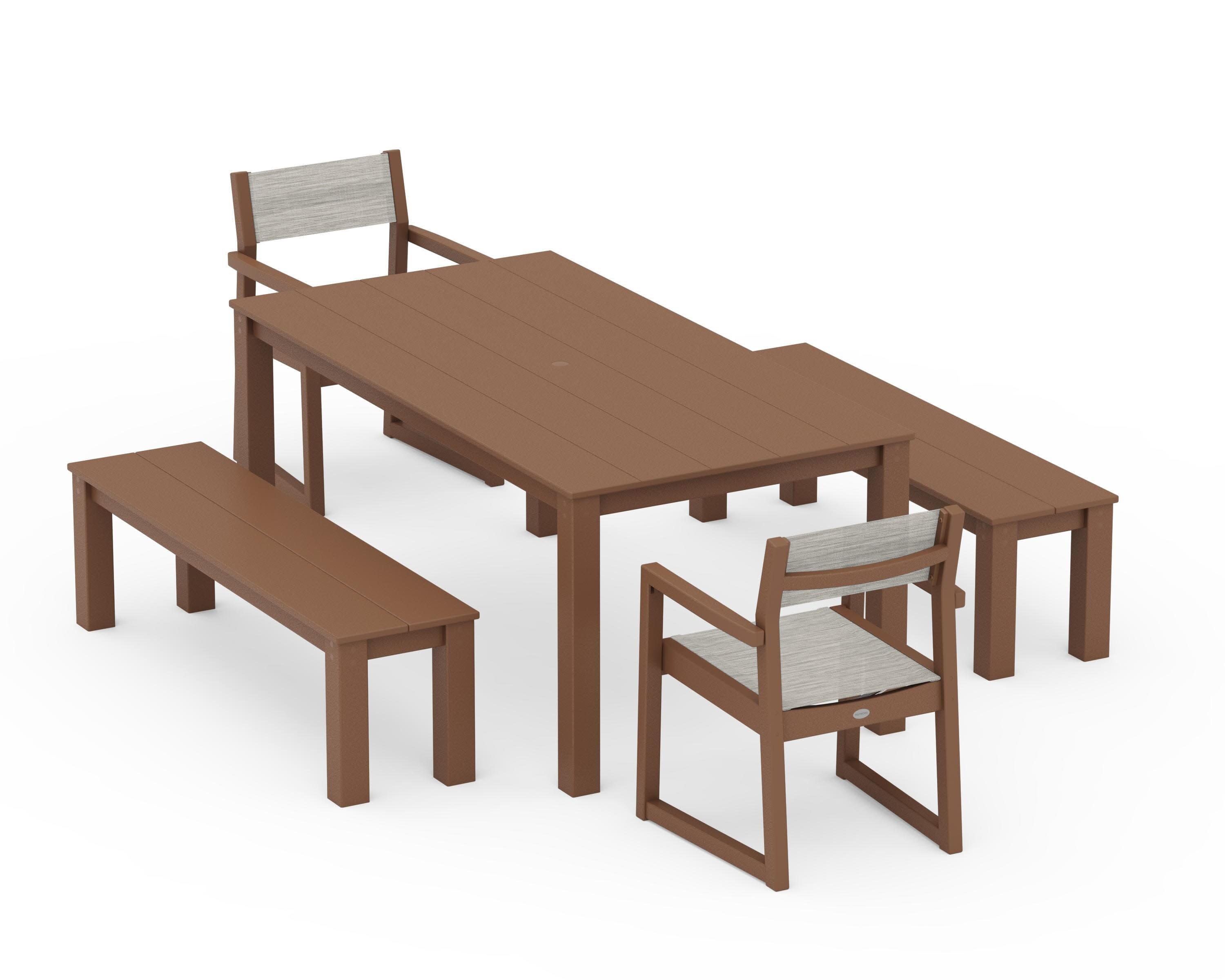 EDGE Sling Arm Chair 5-Piece Parsons Dining Set with Benches in Teak / Birch Sling