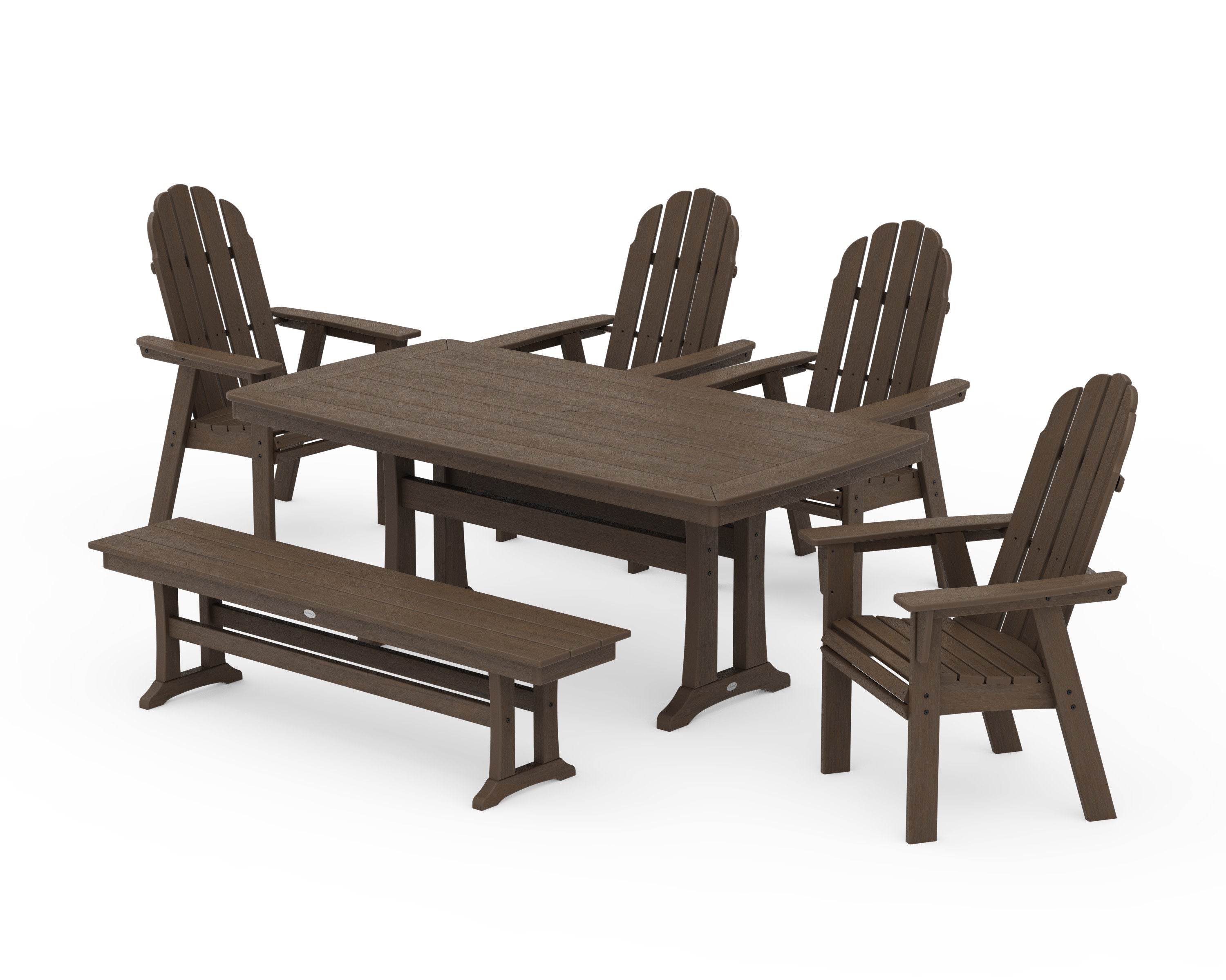 Vineyard Curveback Adirondack Chair 6-Piece Dining Set with Trestle Legs and Bench in Kona