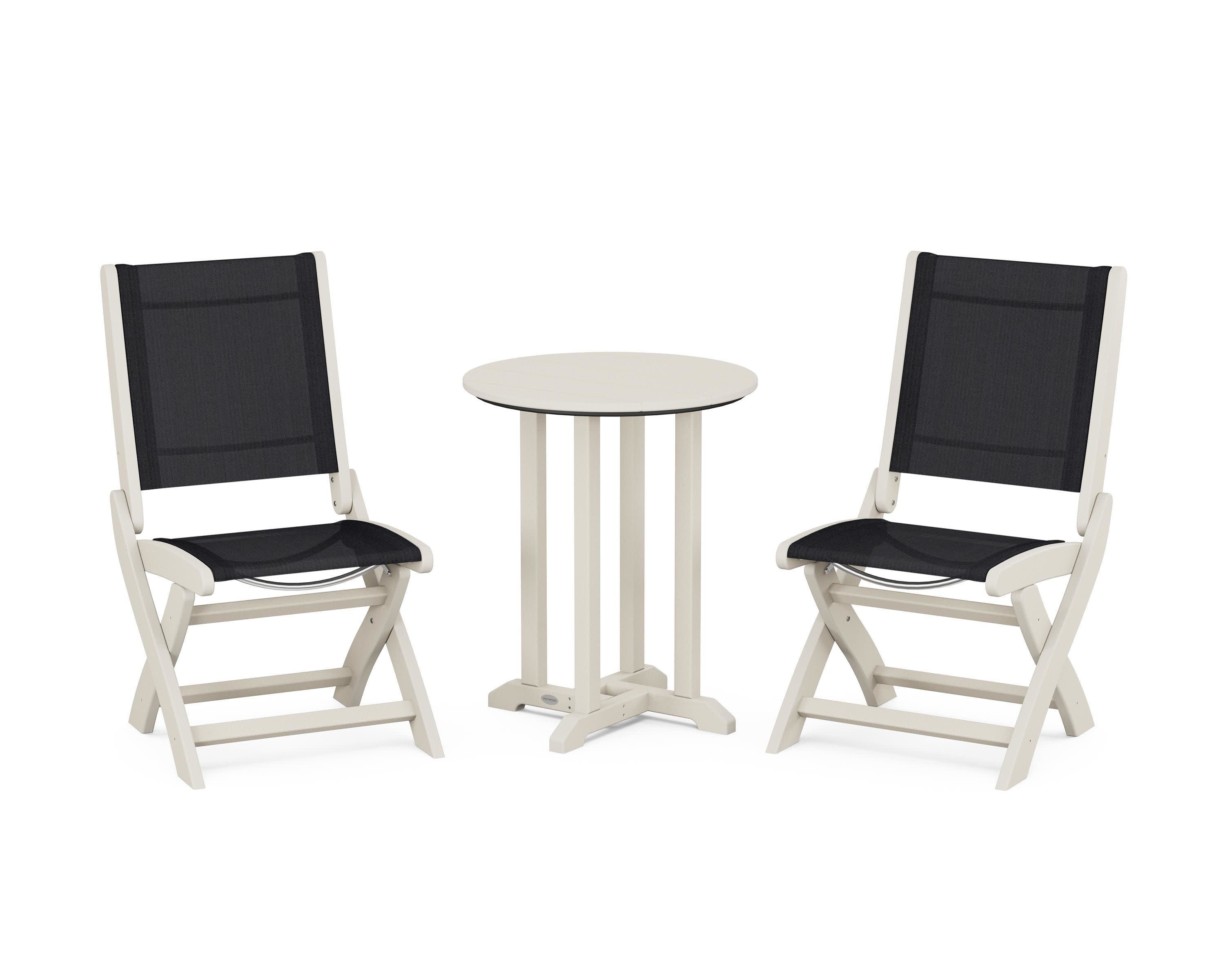 Coastal Folding Side Chair 3-Piece Round Bistro Dining Set in Sand / Black Sling