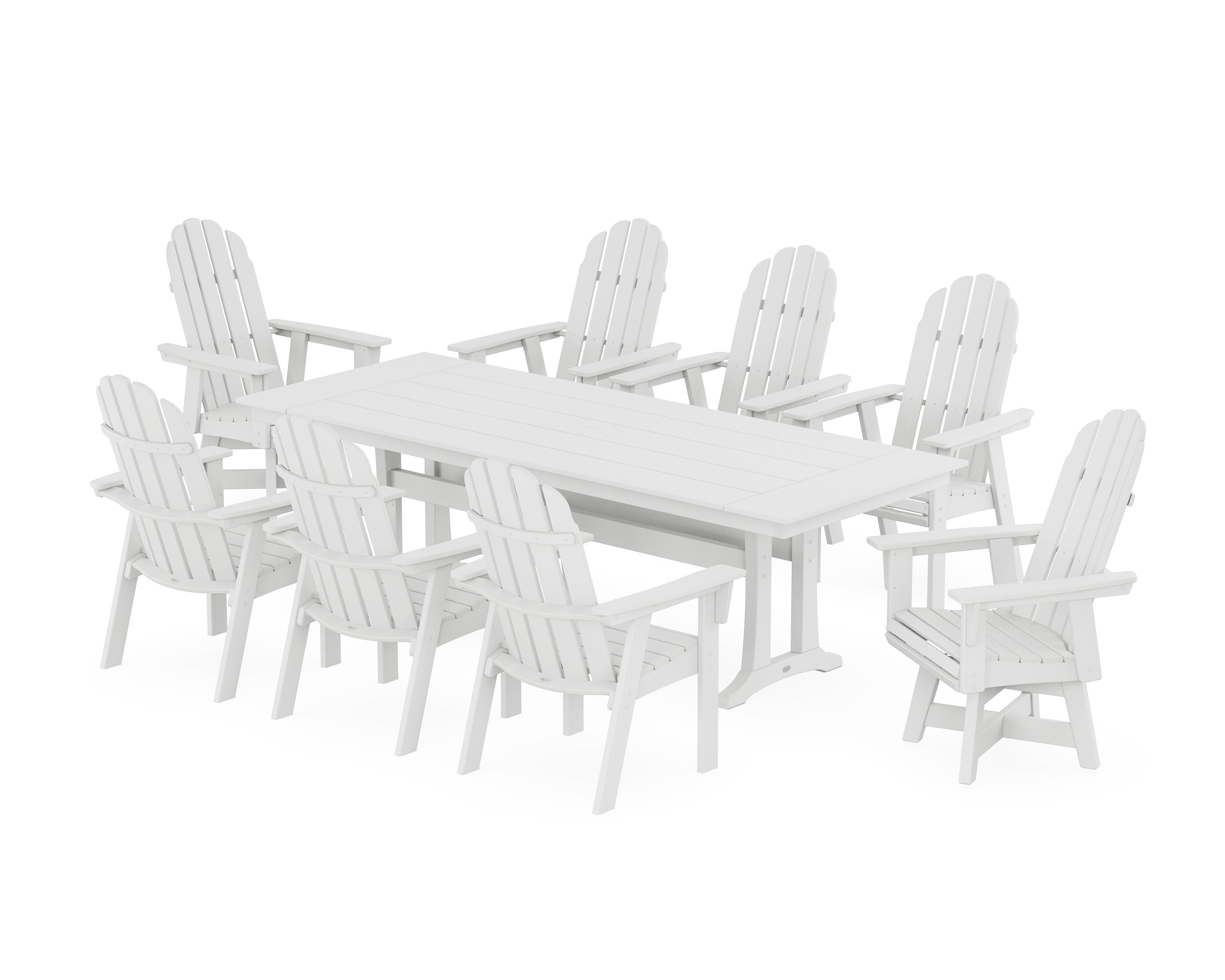Vineyard 9-Piece Curveback Adirondack Swivel Farmhouse Dining Set with Trestle Legs in White