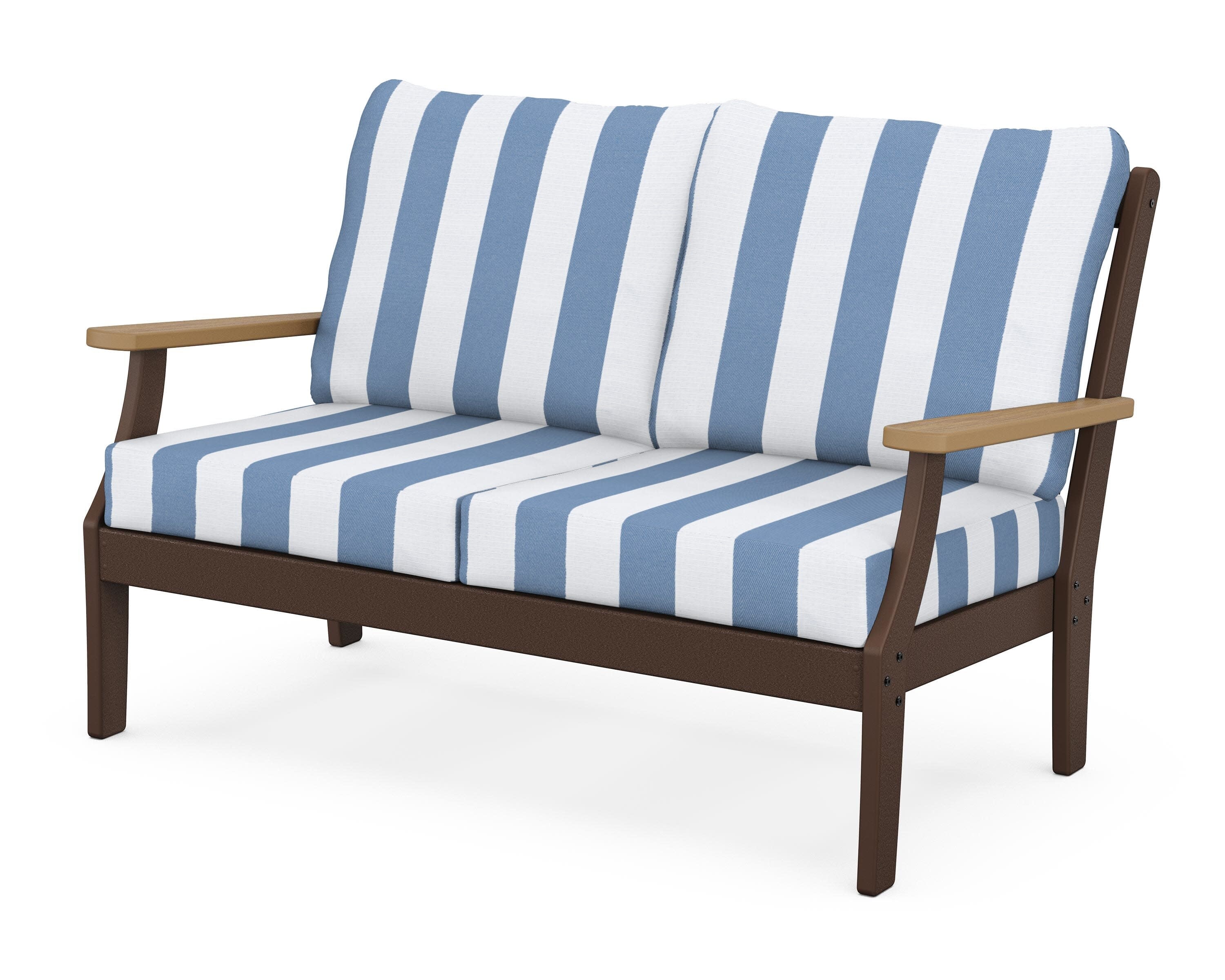 Braxton Deep Seating Loveseat in Mahogany / Natural / Cabana Stripe Sky Blue