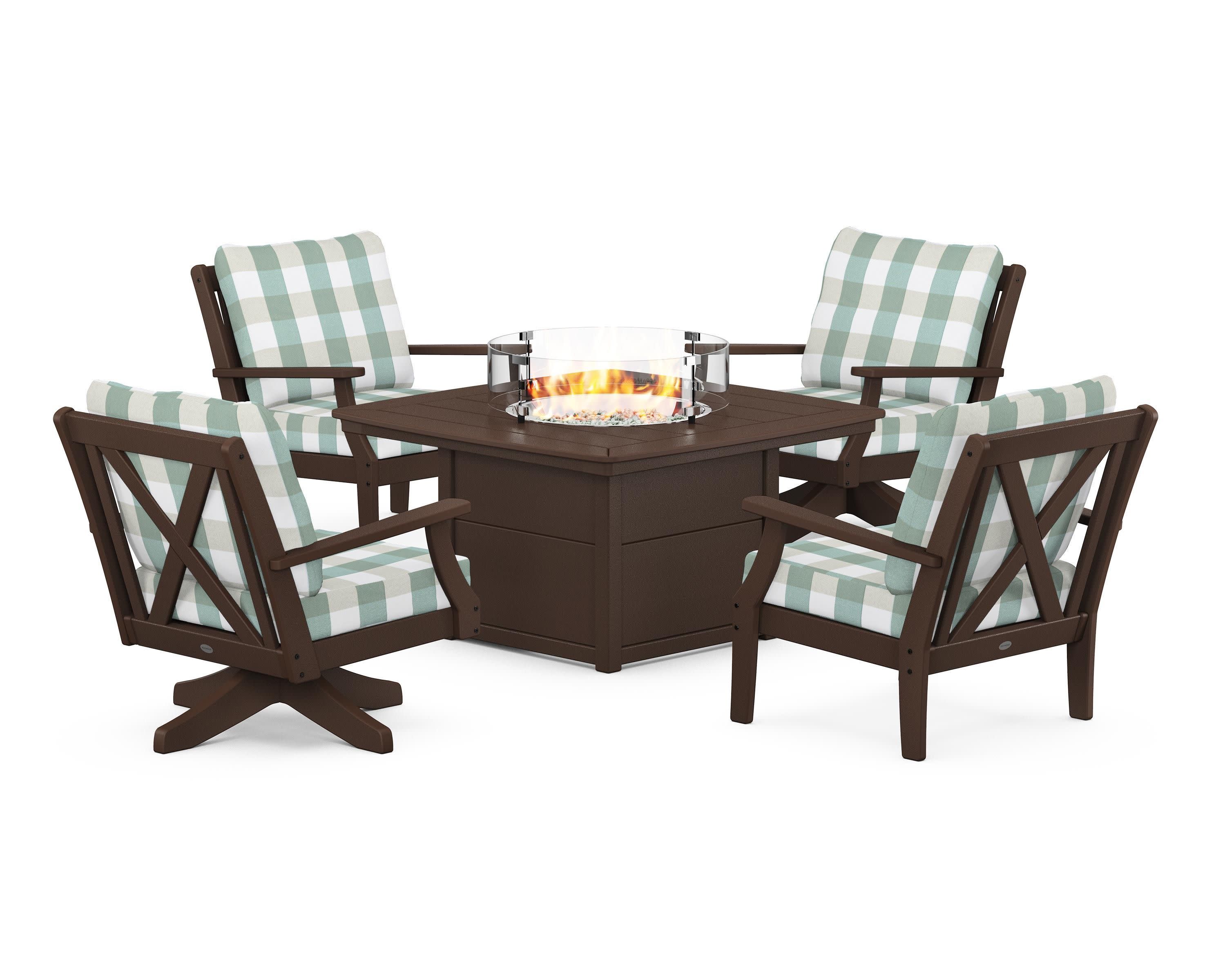 Braxton 5-Piece Deep Seating Set with Fire Table in Mahogany / Buffalo Plaid Glacier Spa
