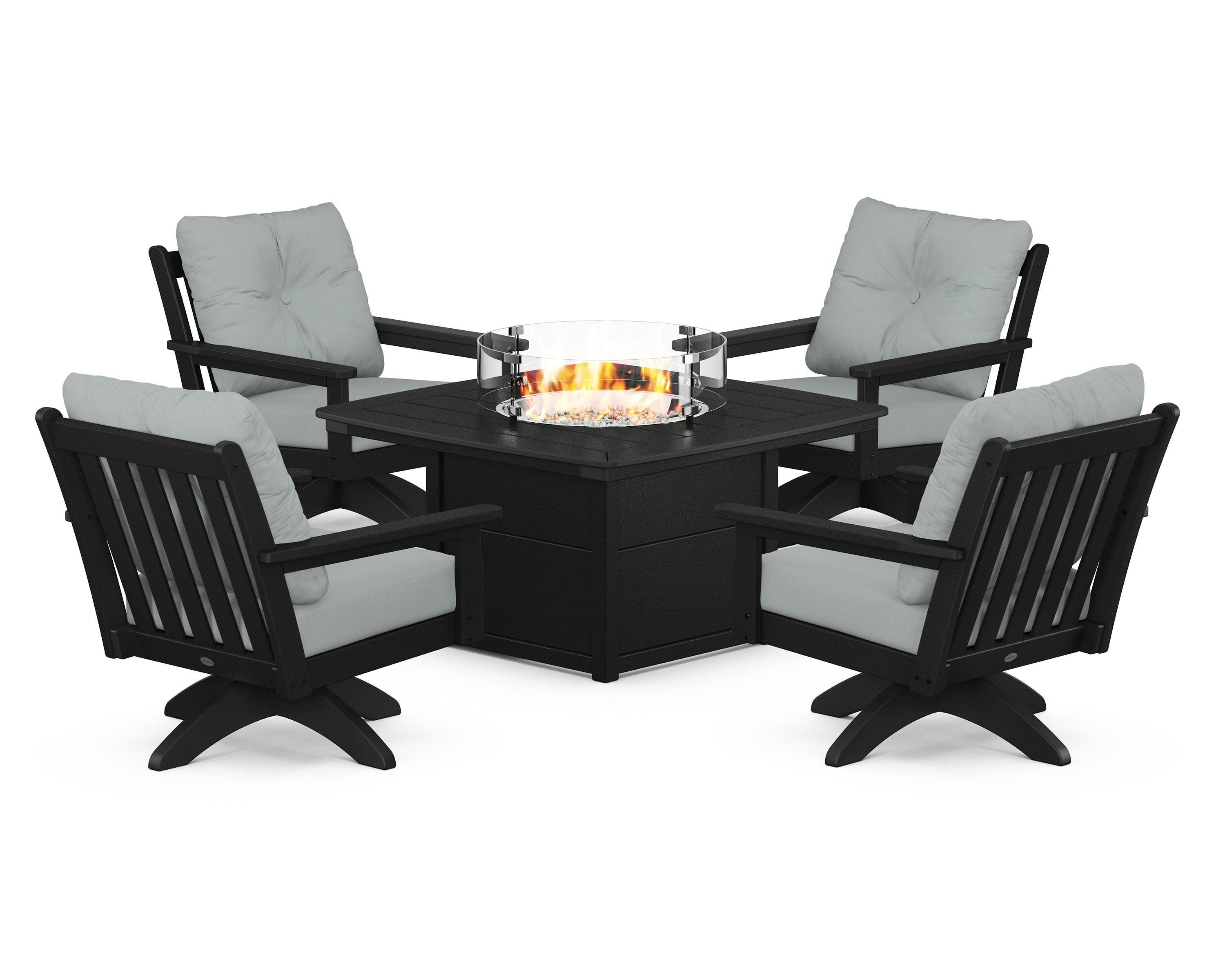 Vineyard 5-Piece Deep Seating Swivel Conversation Set with Fire Pit Table in Black / Spa
