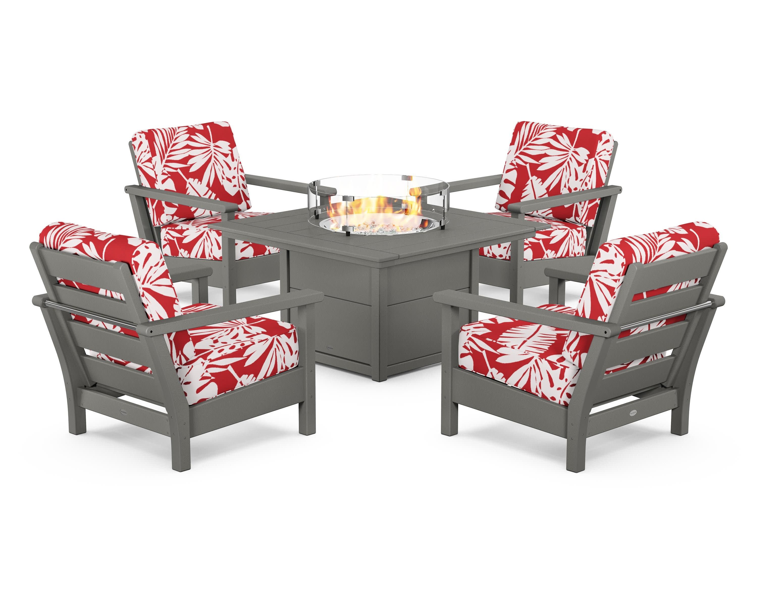 Harbour 5-Piece Conversation Set with Fire Pit Table in Slate Grey / Leaf Crimson