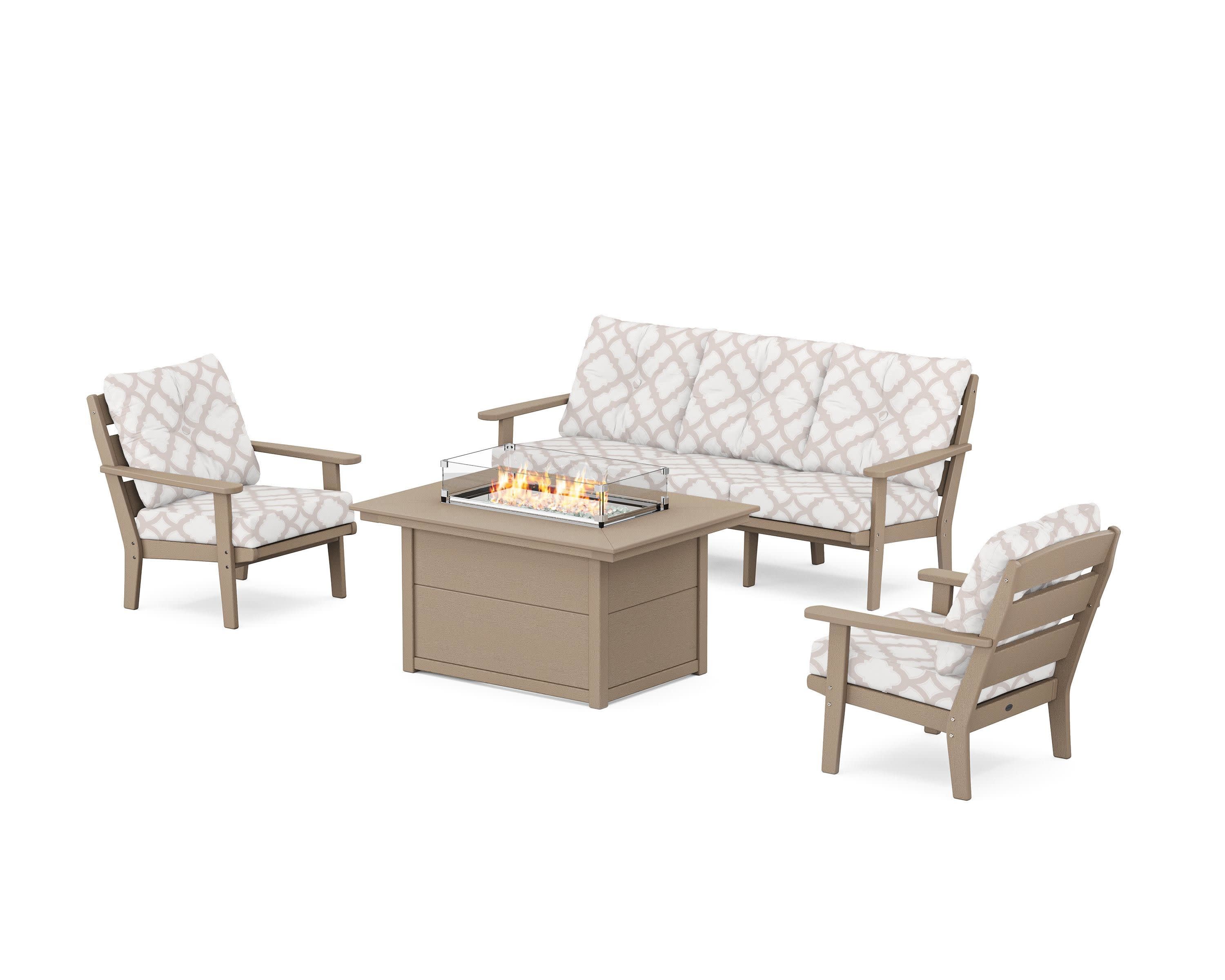 Lakeside Deep Seating Fire Pit Table Set in Vintage Sahara / Trellis Dune Burlap