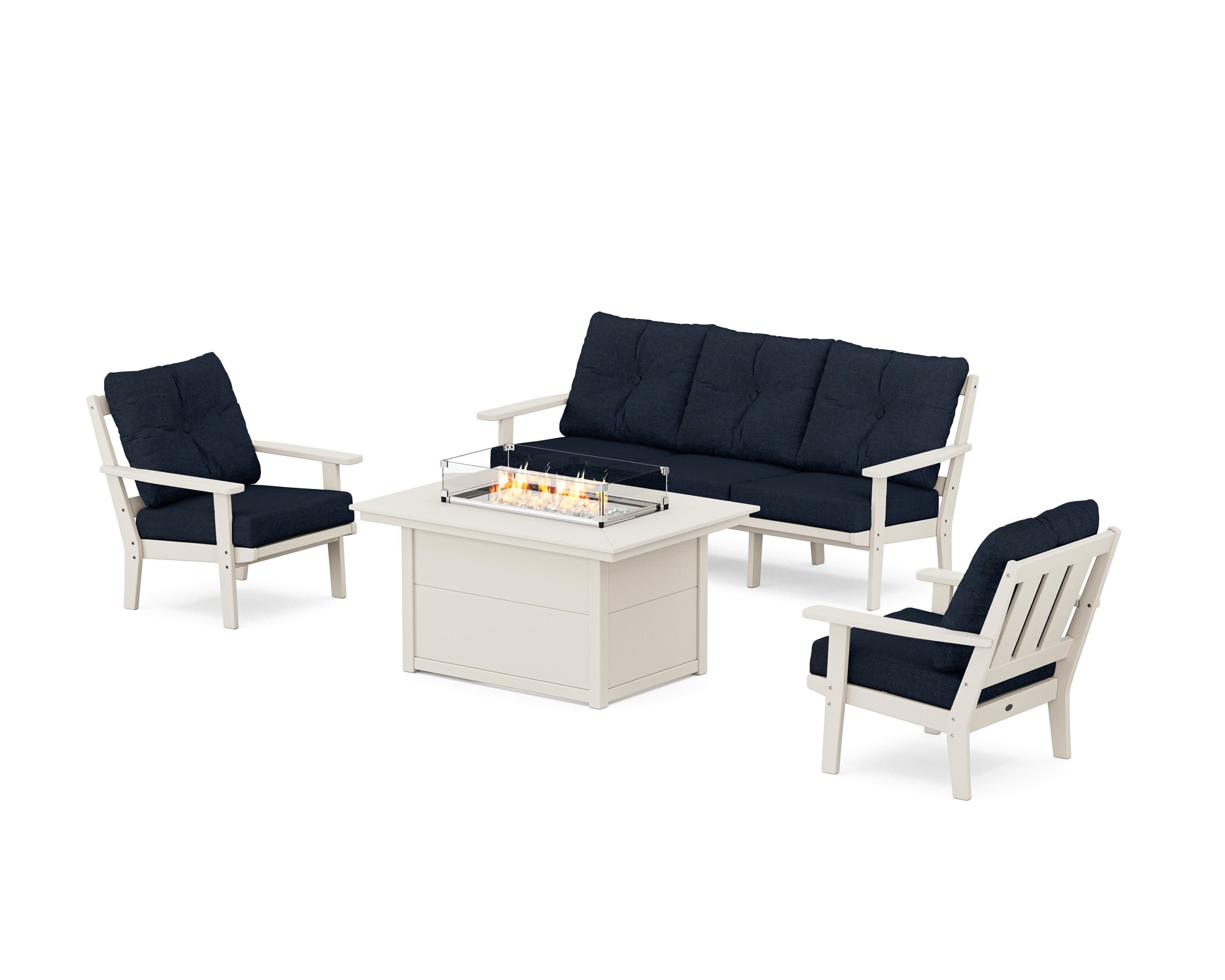Oxford Deep Seating Fire Pit Table Set in Sand / Marine Indigo