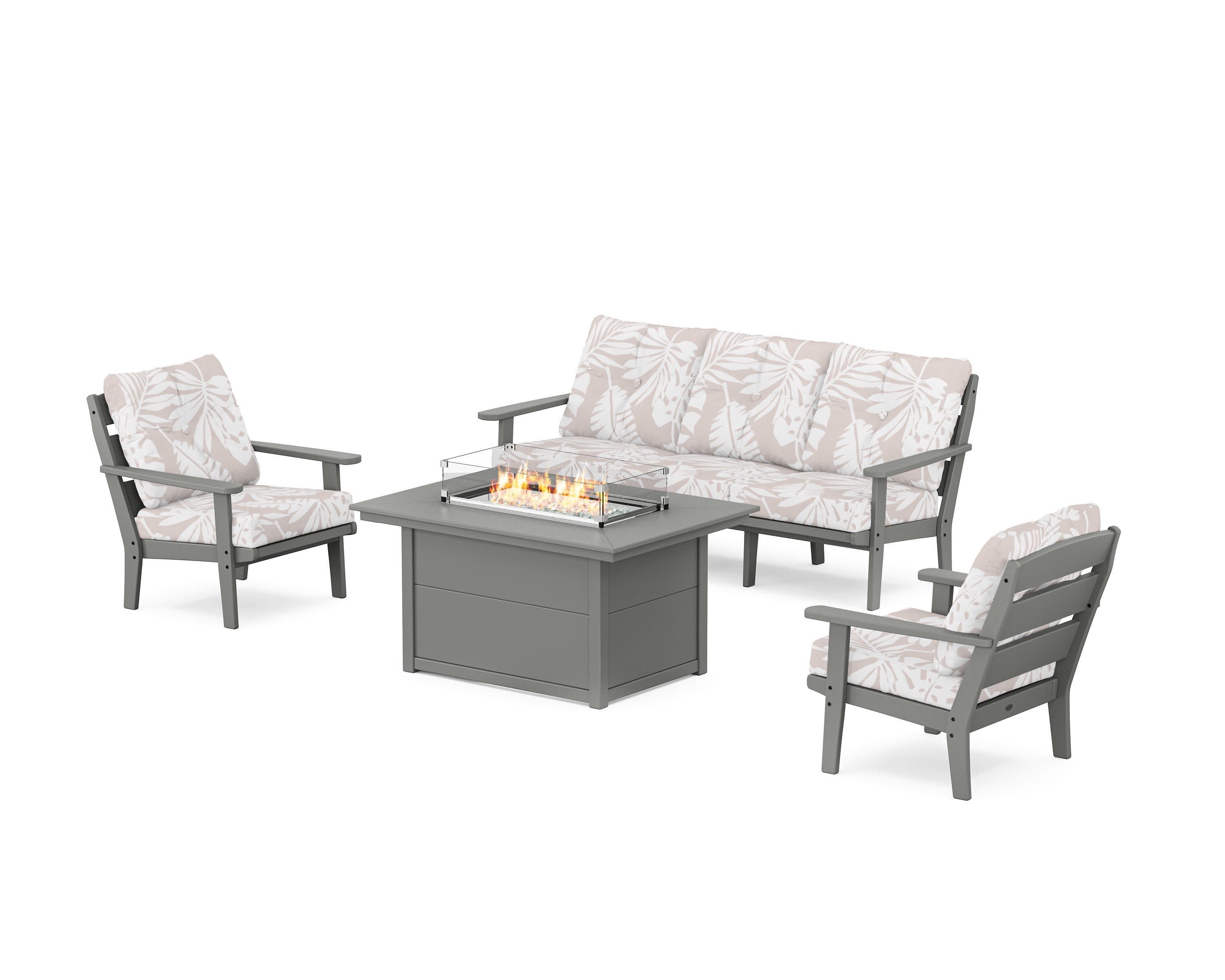 Lakeside Deep Seating Fire Pit Table Set in Slate Grey / Leaf Dune Burlap