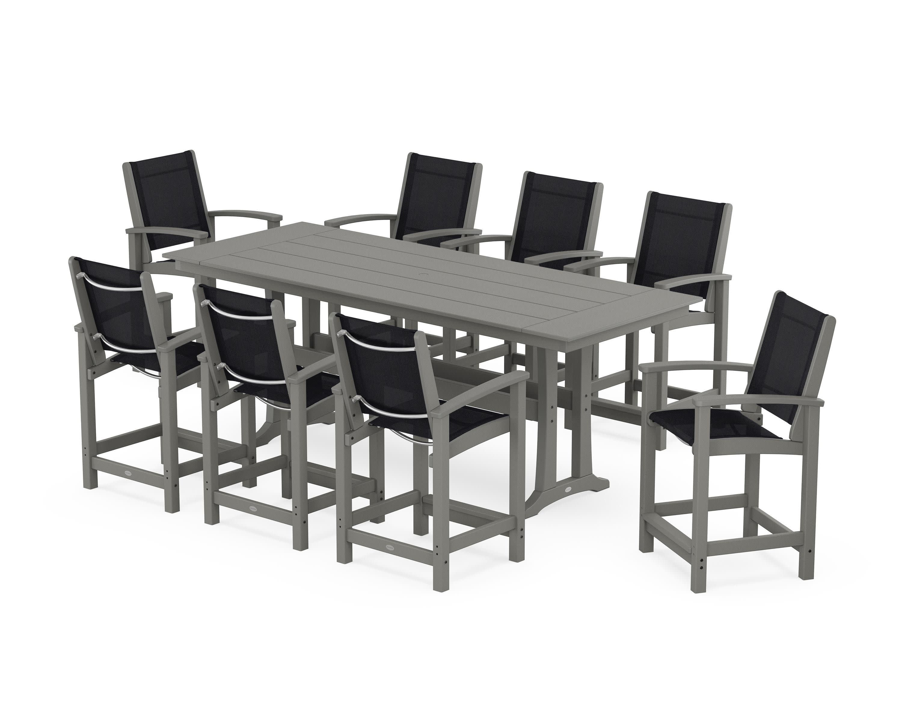 Coastal 9-Piece Farmhouse Counter Set with Trestle Legs in Slate Grey / Black Sling