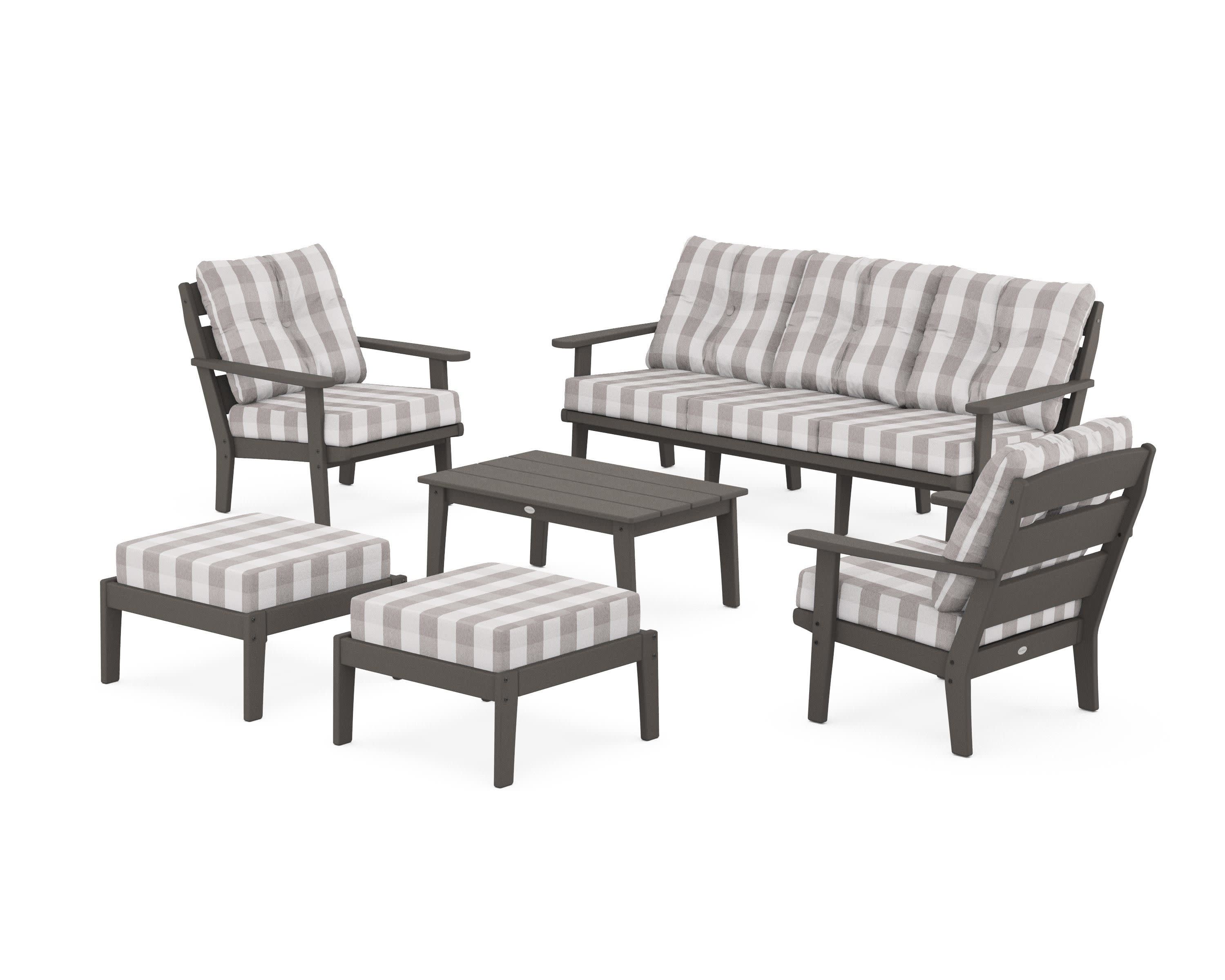 Lakeside 6-Piece Lounge Sofa Set in Vintage Coffee / Buffalo Plaid Grey Mist