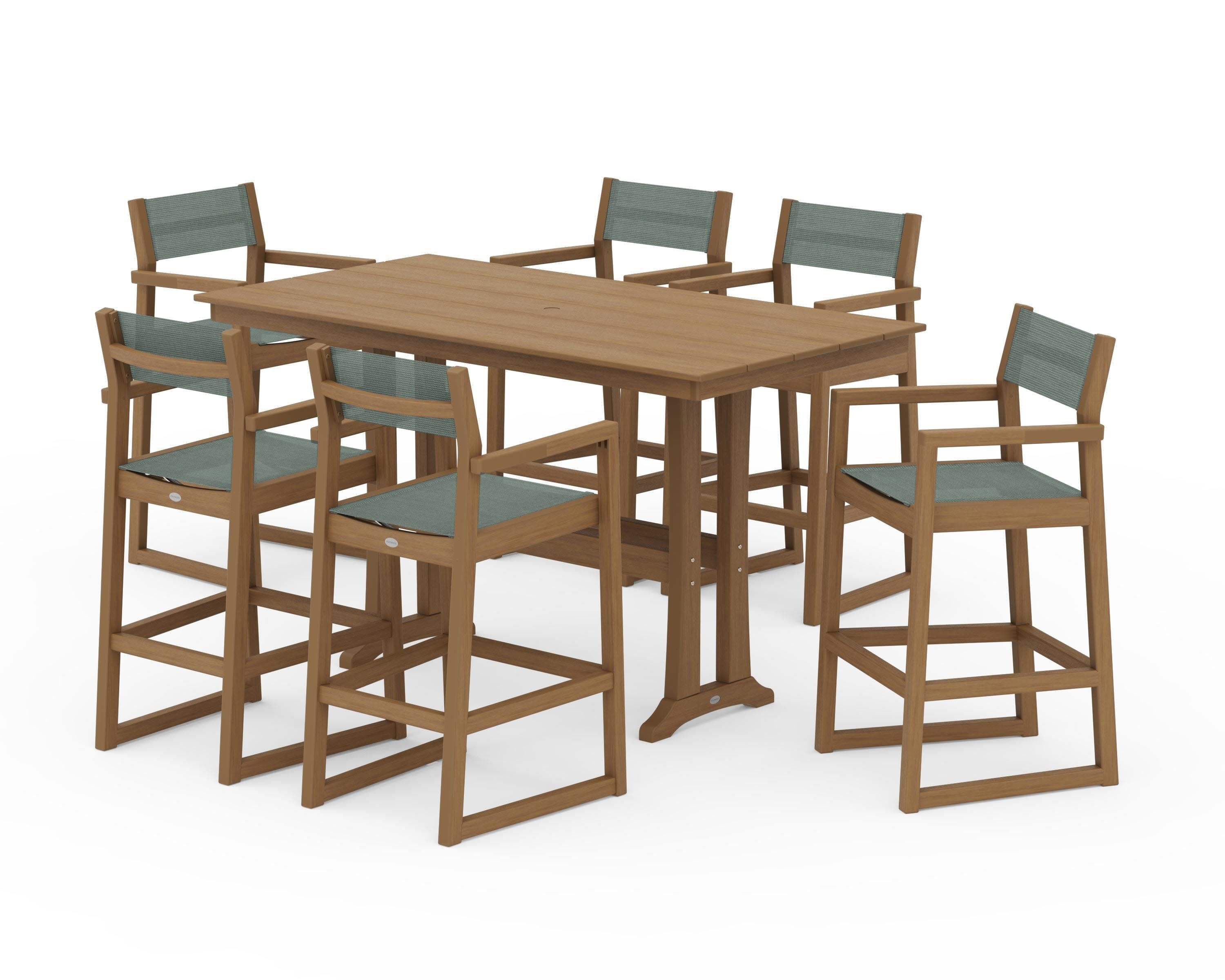 EDGE Sling Arm Chair 7-Piece Farmhouse Bar Set with Trestle Legs in Natural / Dupioni Sea Mist Sling