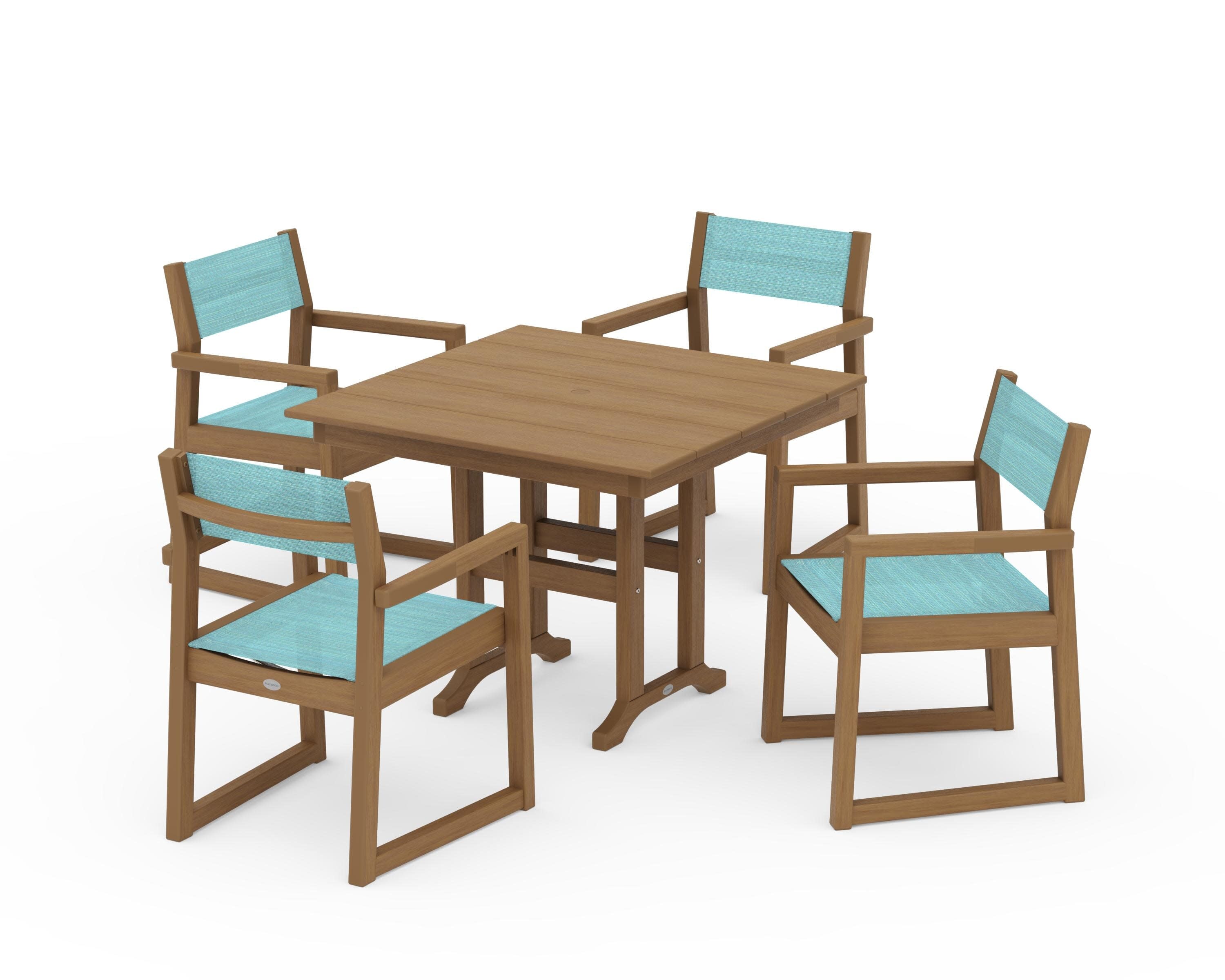 EDGE Sling Arm Chair 5-Piece Farmhouse Dining Set in Natural / Dupioni Aquamarine Sling