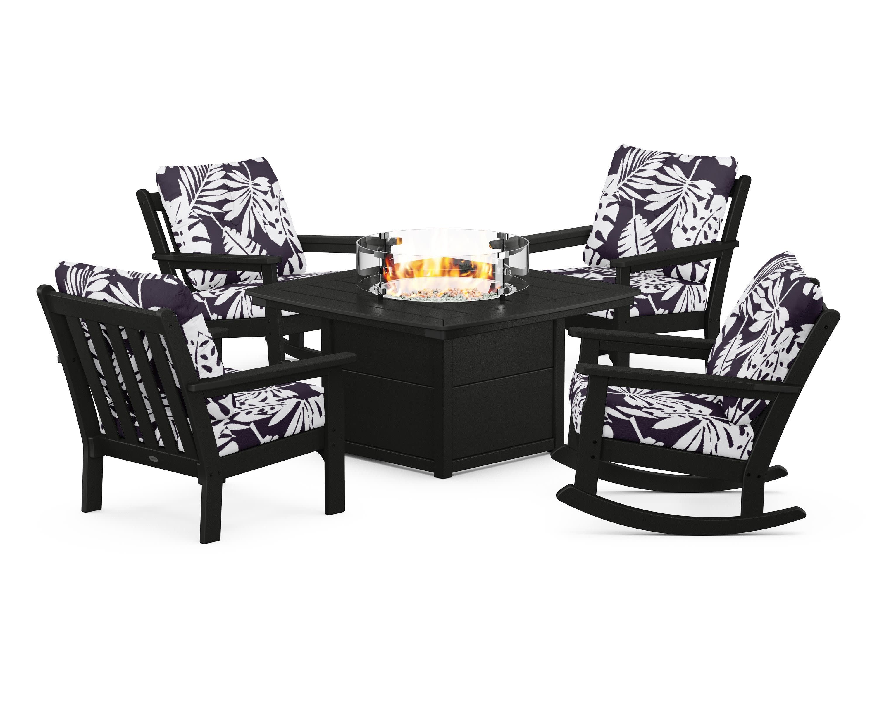 Vineyard 5-Piece Deep Seating Rocking Chair Conversation Set with Fire Pit Table in Black / Leaf Navy