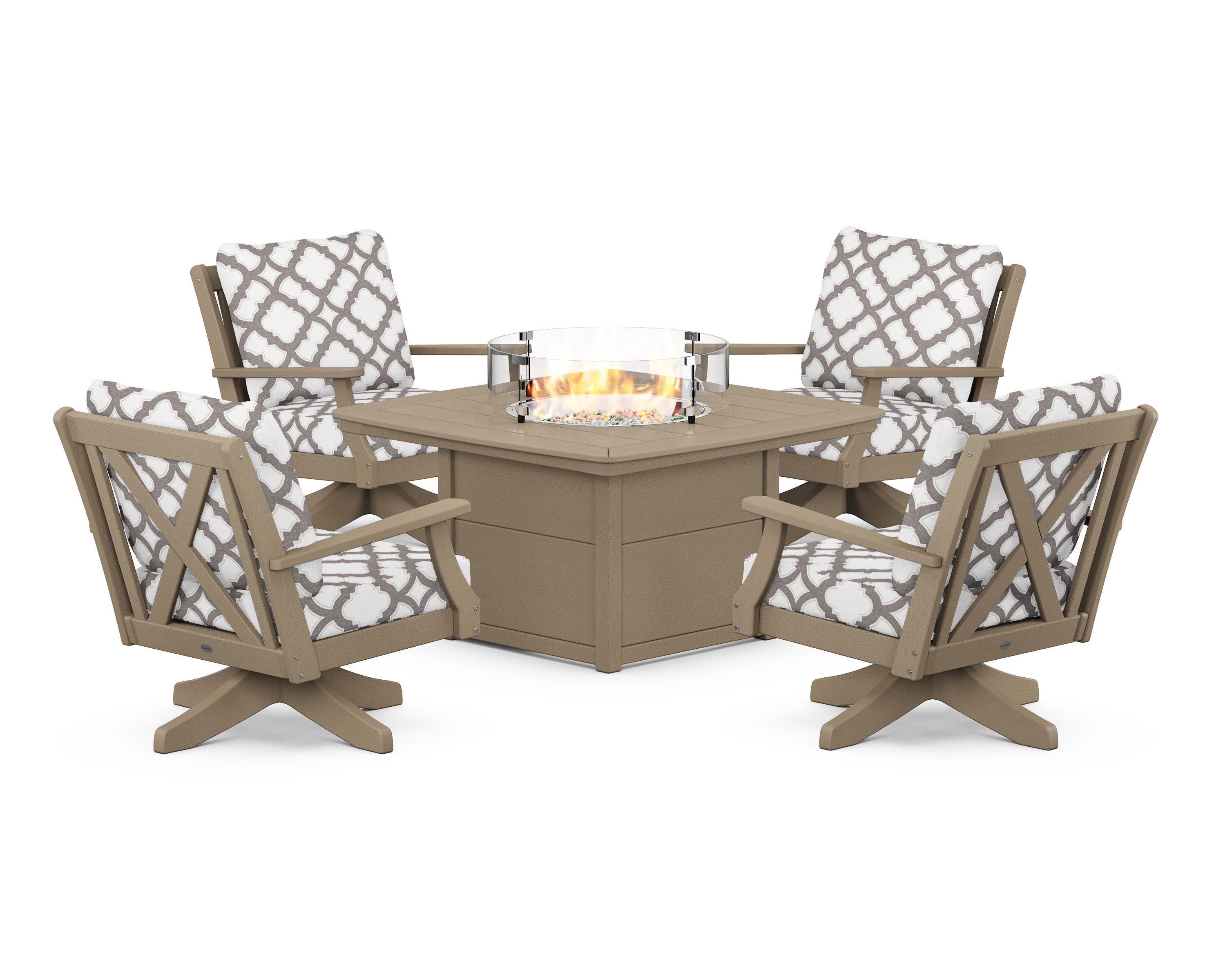 Braxton 5-Piece Deep Seating Swivel Conversation Set with Fire Pit Table in Vintage Sahara / Trellis Grey Mist
