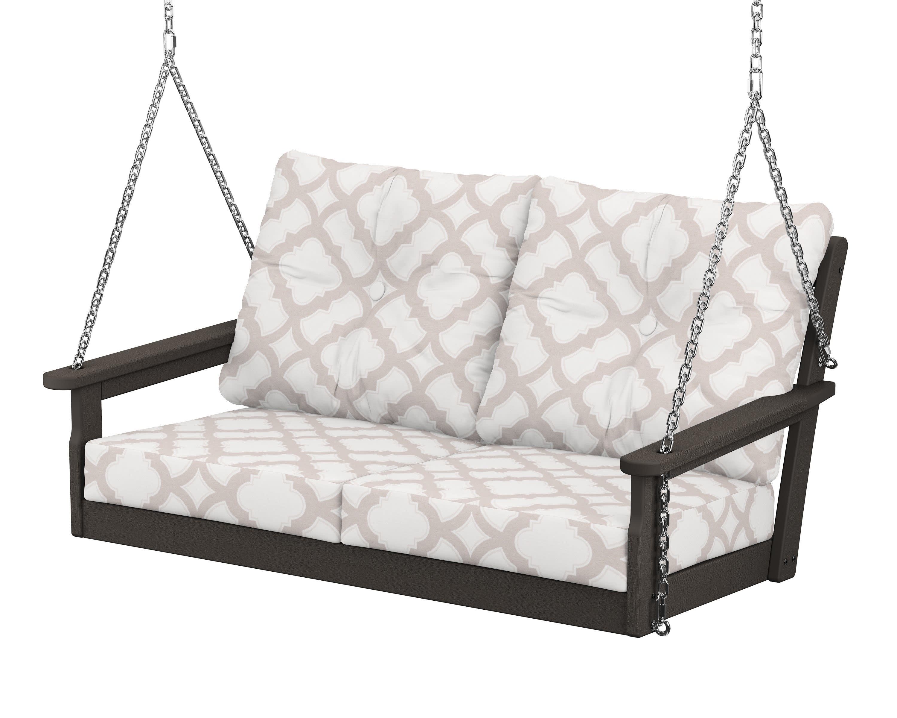 Vineyard Deep Seating Swing in Vintage Coffee / Trellis Dune Burlap