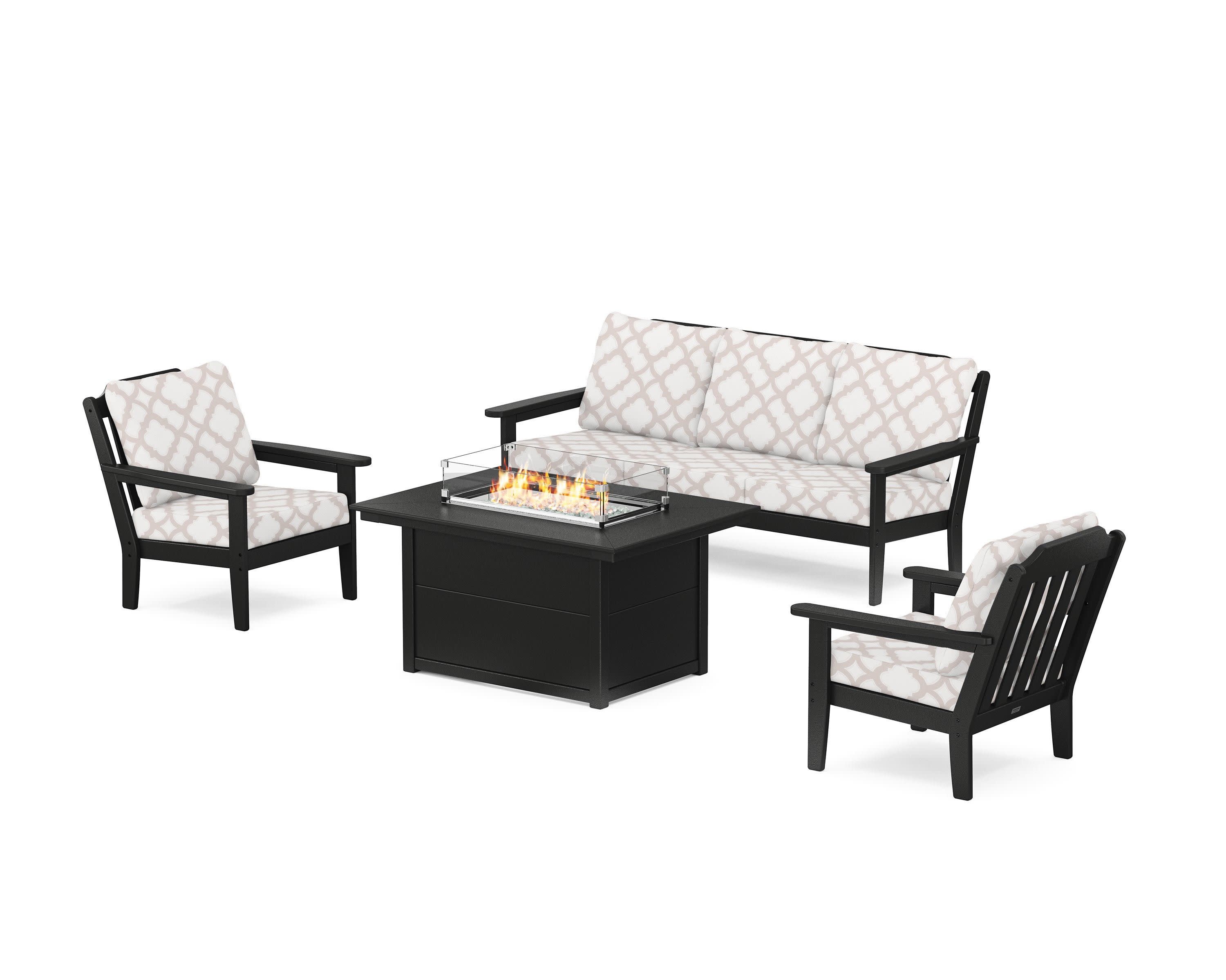 Cottage Deep Seating Fire Pit Table Set in Black / Trellis Dune Burlap