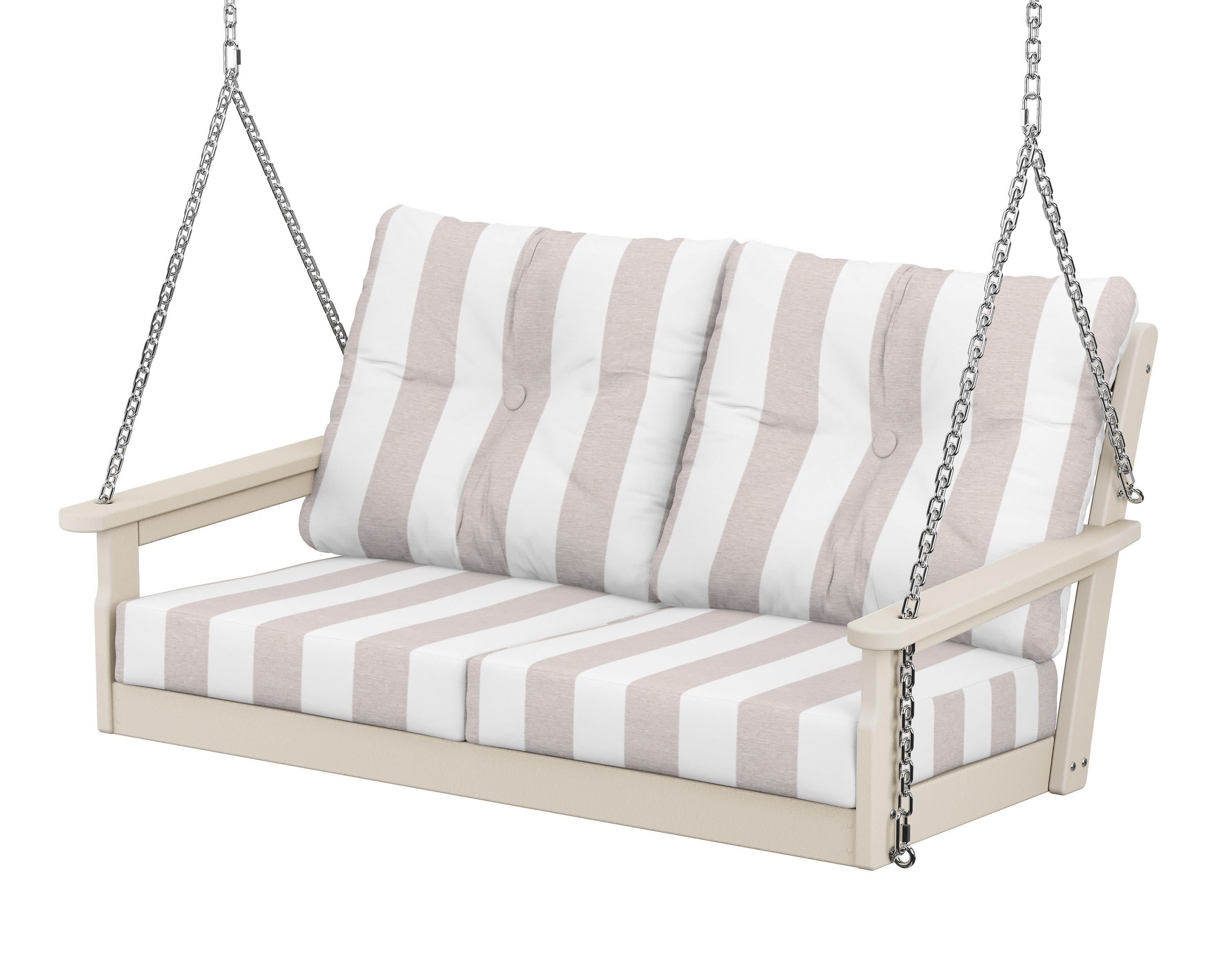Vineyard Deep Seating Swing in Sand / Cabana Stripe Dune Burlap