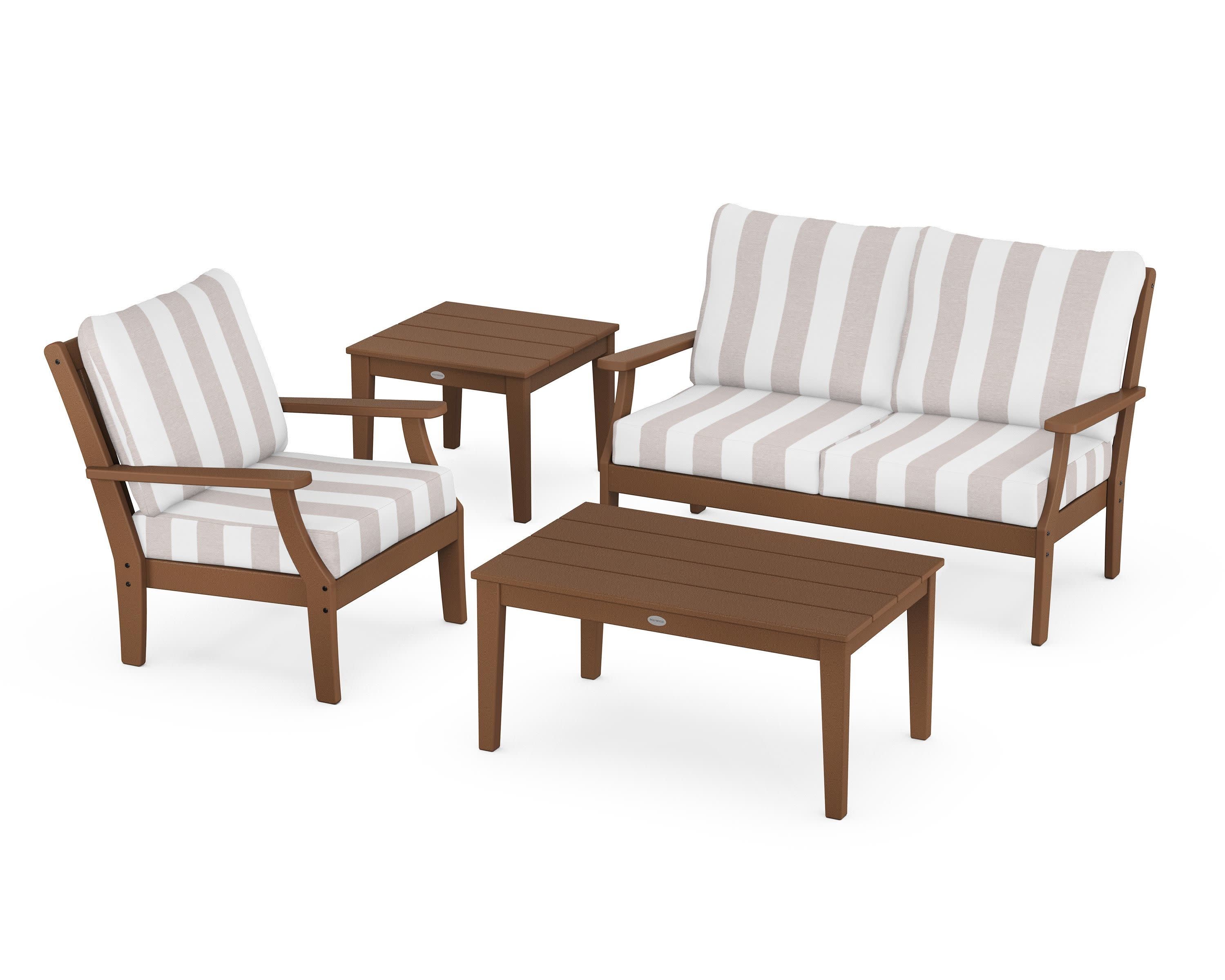 Braxton 4-Piece Deep Seating Set in Teak / Cabana Stripe Dune Burlap