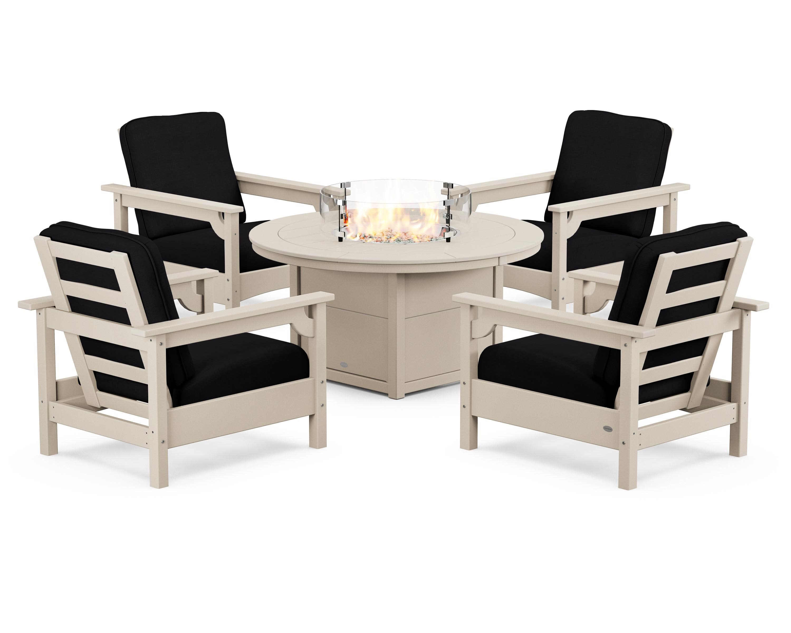 Club 5-Piece Conversation Set with Fire Pit Table in Sand / Midnight Linen