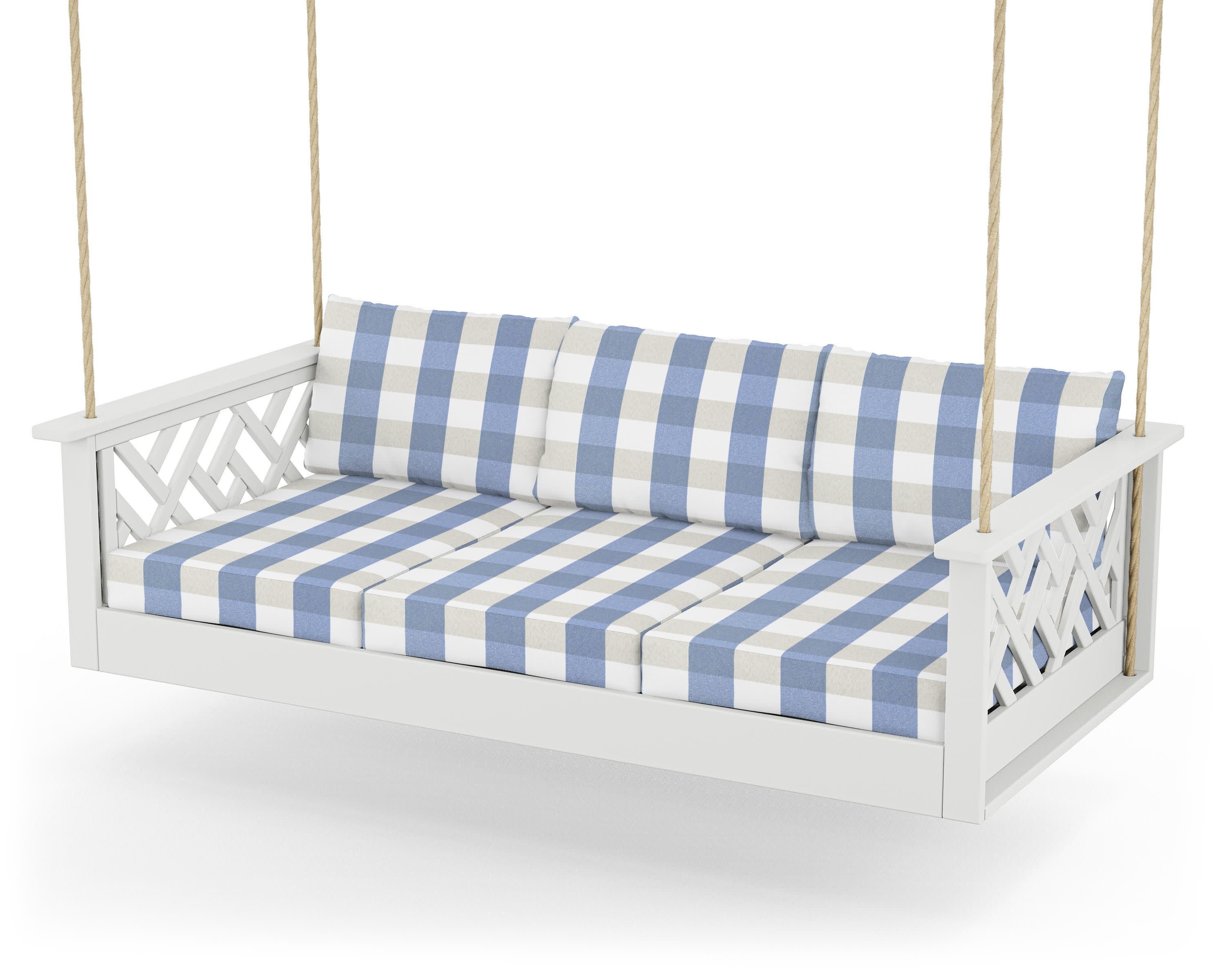 Chippendale Daybed Swing in White / Buffalo Plaid Sky Blue