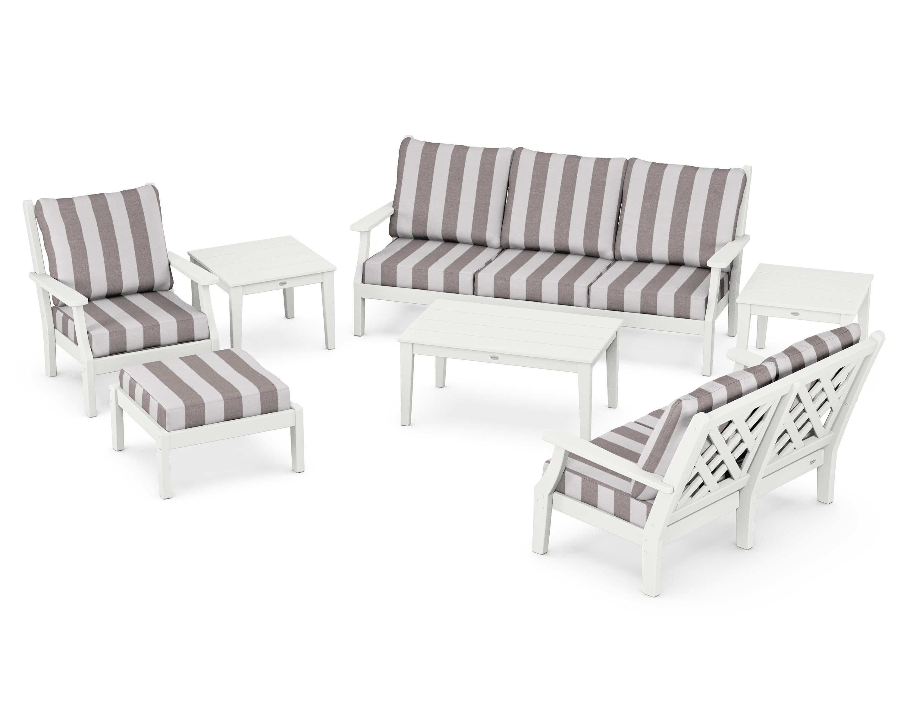 Wovendale 7-Piece Deep Seating Set in White / Cabana Stripe Grey Mist