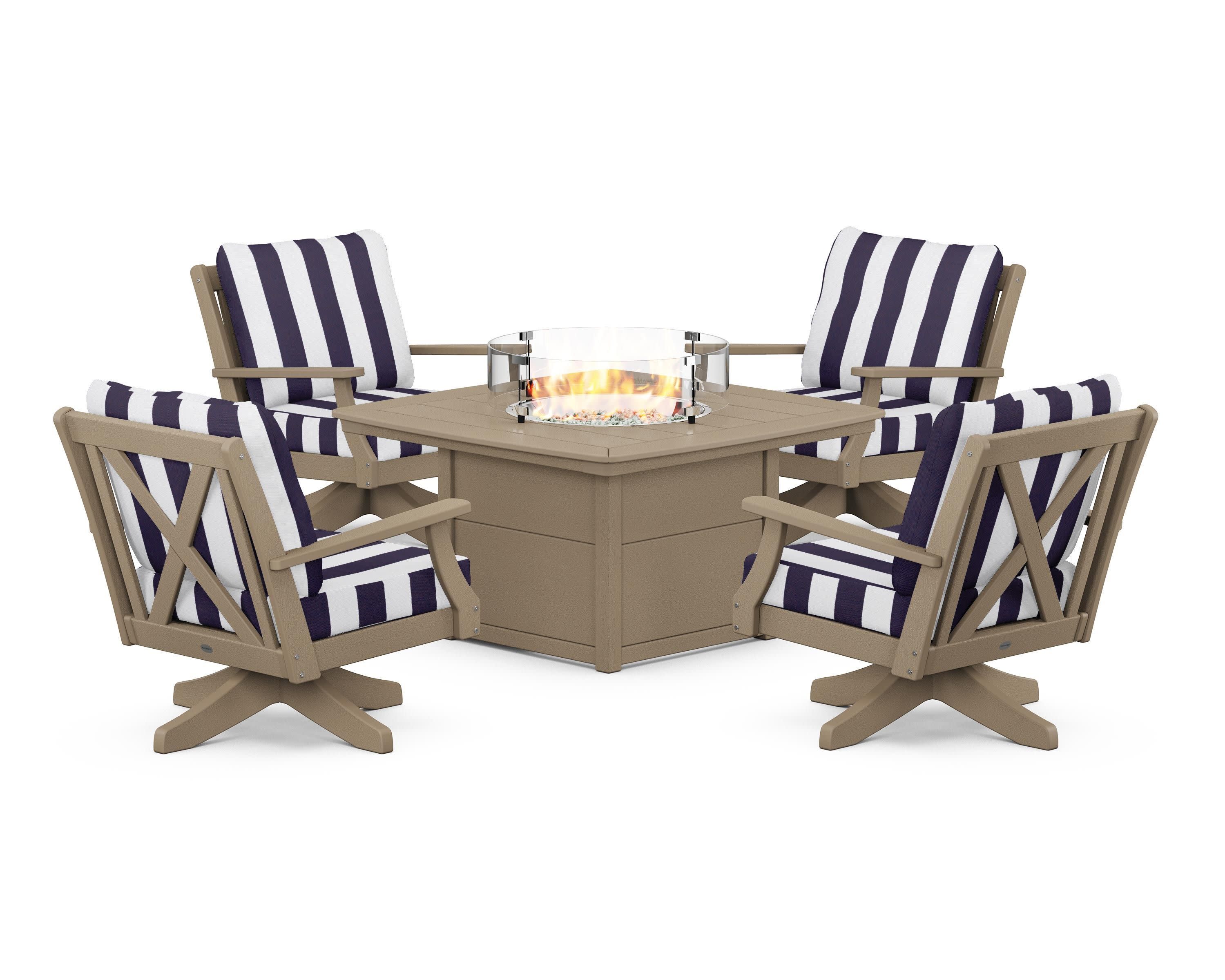 Braxton 5-Piece Deep Seating Swivel Conversation Set with Fire Pit Table in Vintage Sahara / Cabana Stripe Navy