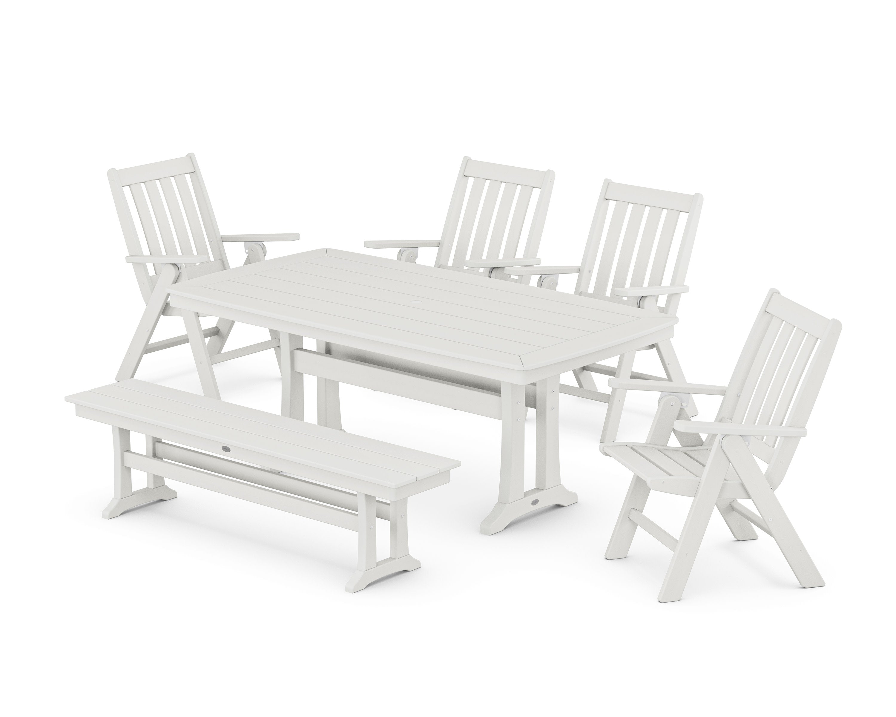 Vineyard Folding Chair 6-Piece Dining Set with Trestle Legs and Bench in Vintage White