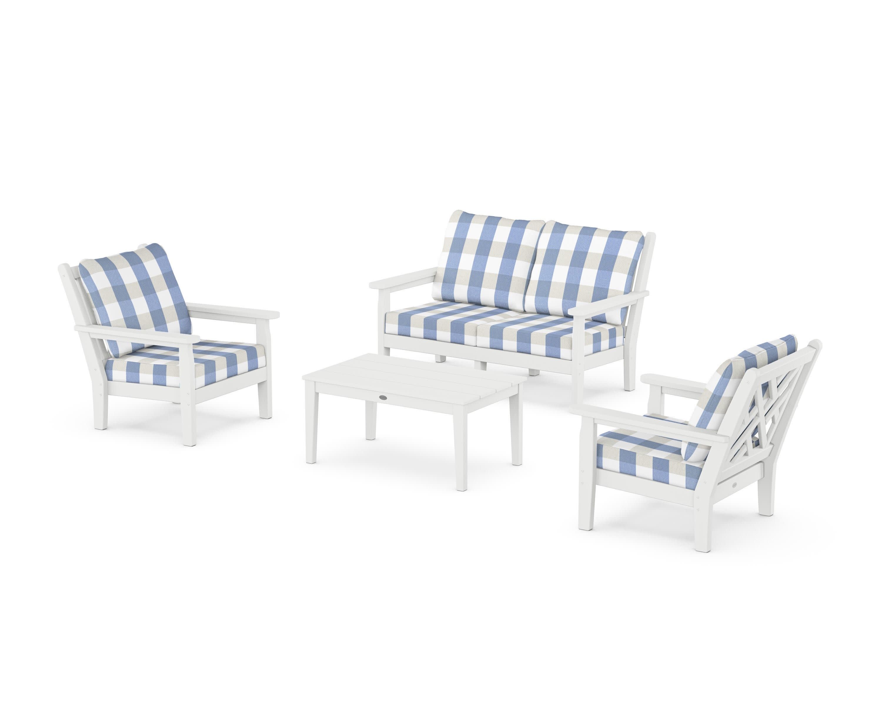 Chippendale 4-Piece Deep Seating Set with Loveseat in White / Buffalo Plaid Sky Blue