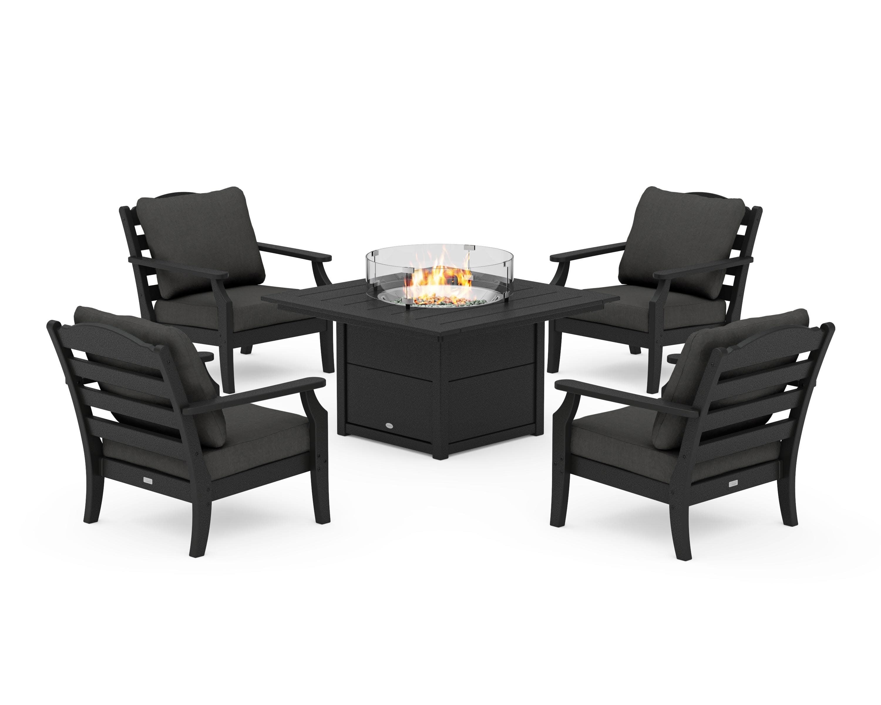 Savannah 5-Piece Deep Seating Set with Fire Pit Table in Black / Spectrum Carbon
