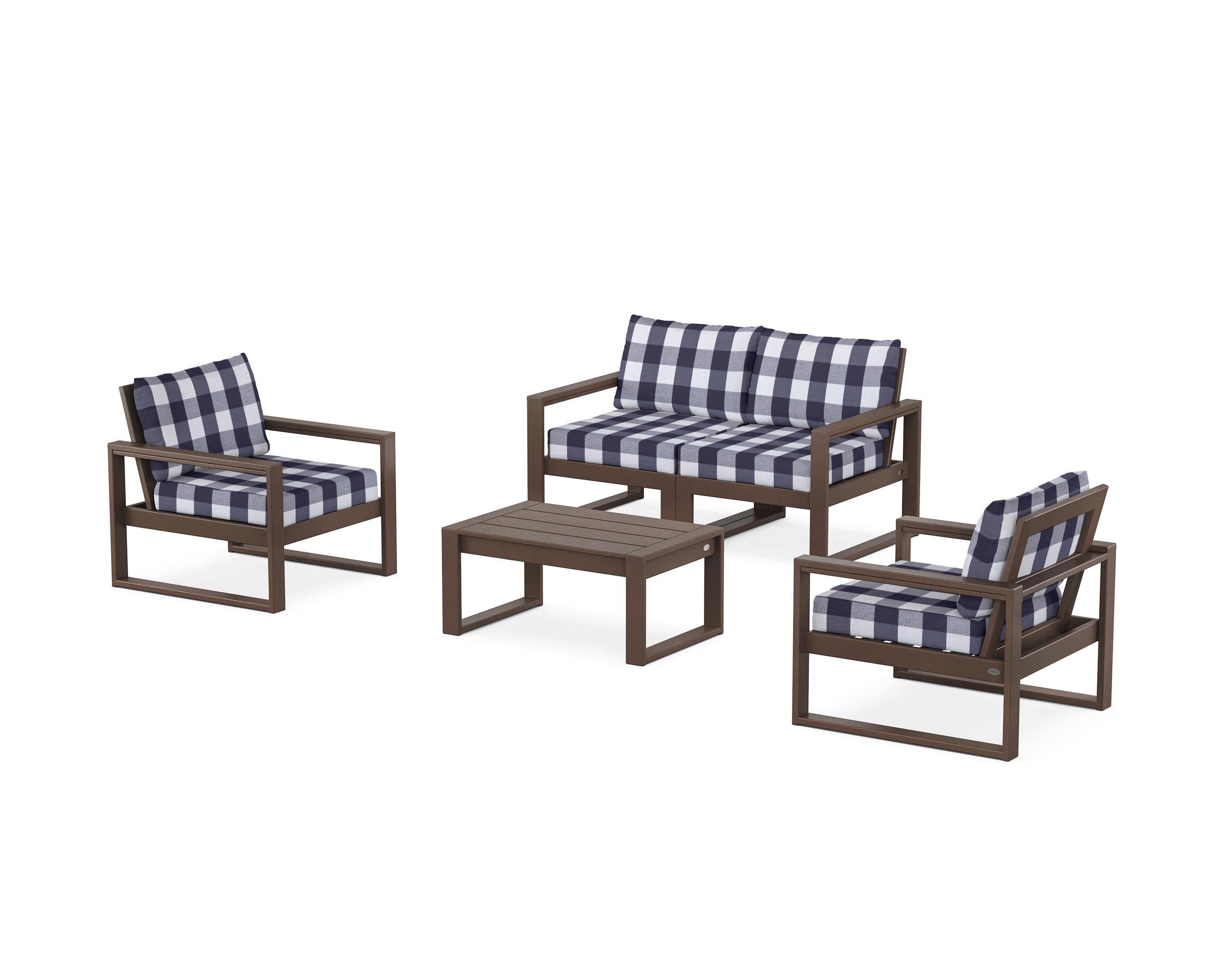 EDGE Sectional 4-Piece Deep Seating Set with Loveseat in Mahogany / Buffalo Plaid Navy