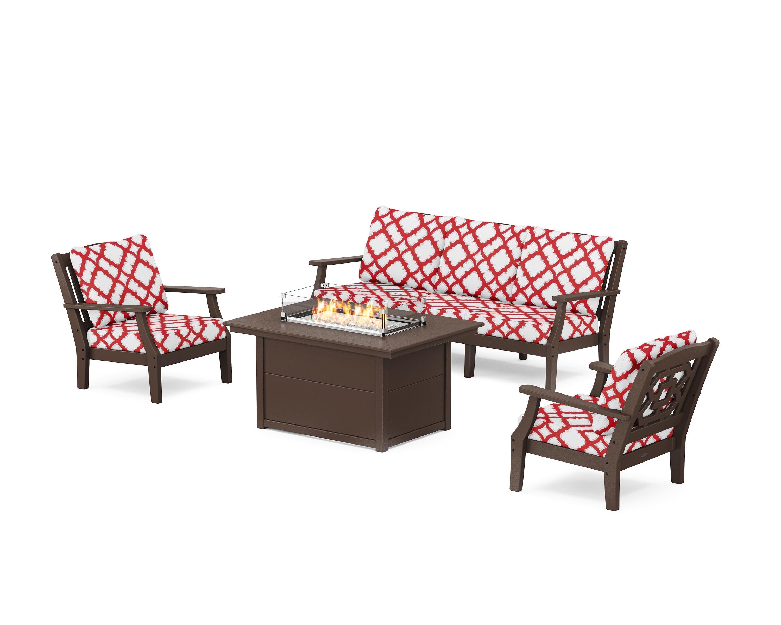 Chinoiserie Deep Seating Fire Pit Table Set in Mahogany / Trellis Crimson
