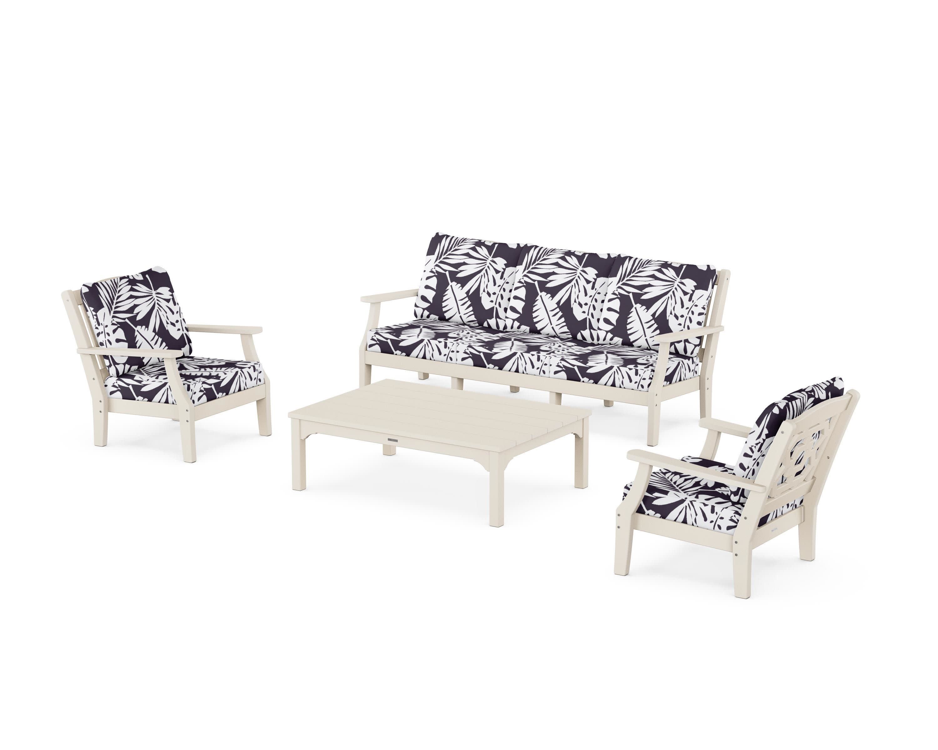 Chinoiserie 4-Piece Deep Seating Set with Sofa in Sand / Leaf Navy
