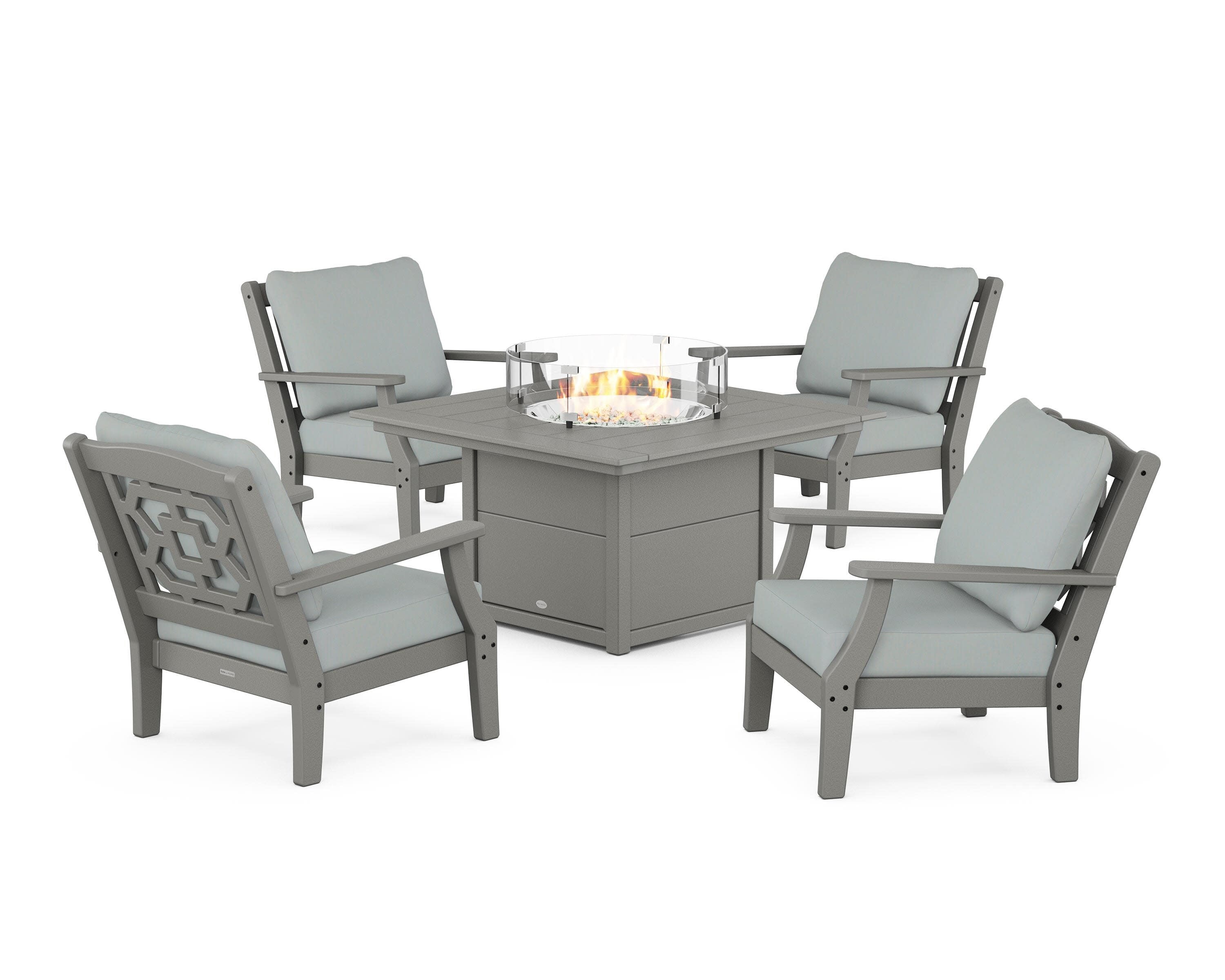 Chinoiserie 5-Piece Deep Seating Set with Fire Pit Table in Slate Grey / Spa
