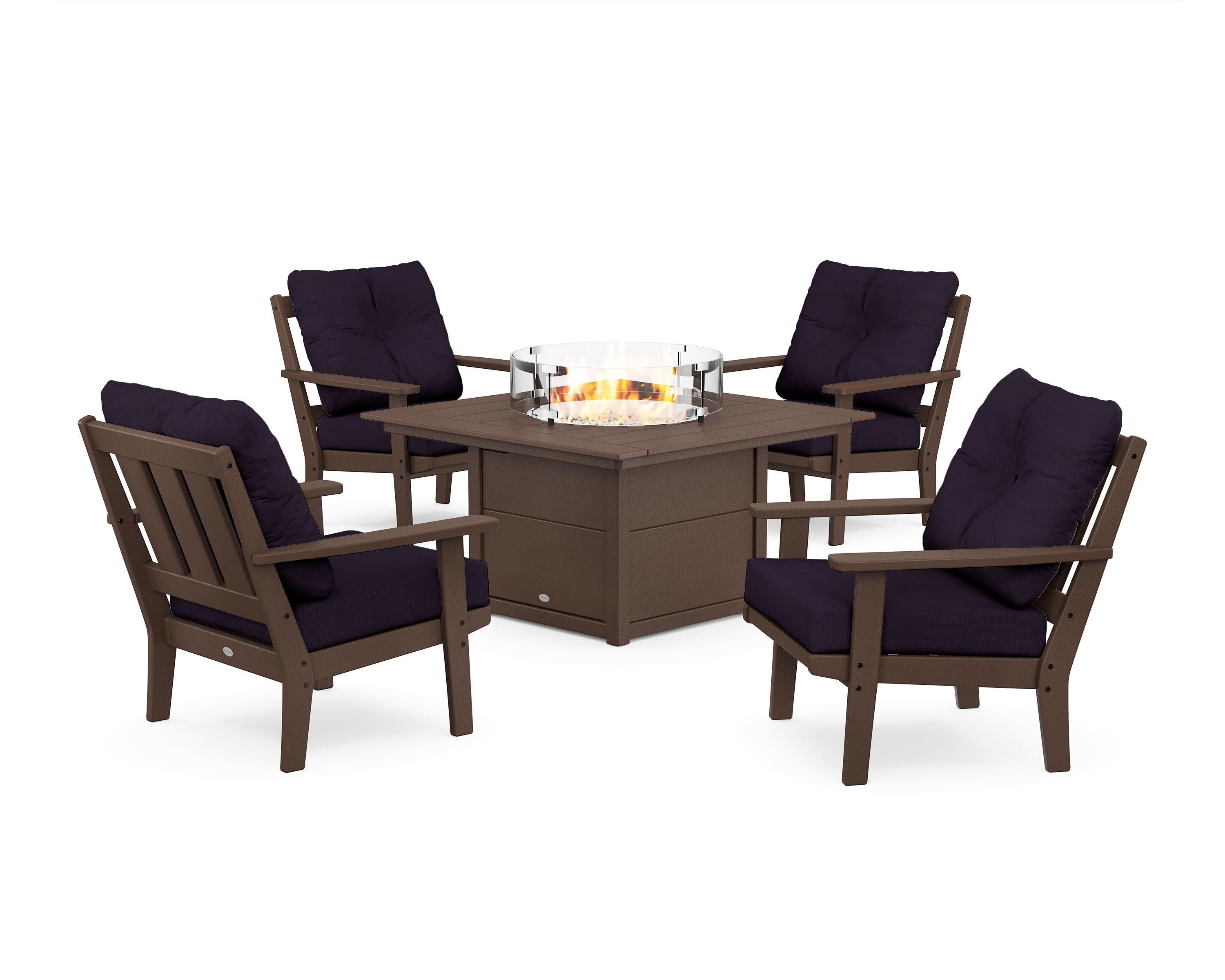Oxford 5-Piece Deep Seating Set with Fire Pit Table in Mahogany / Navy Linen