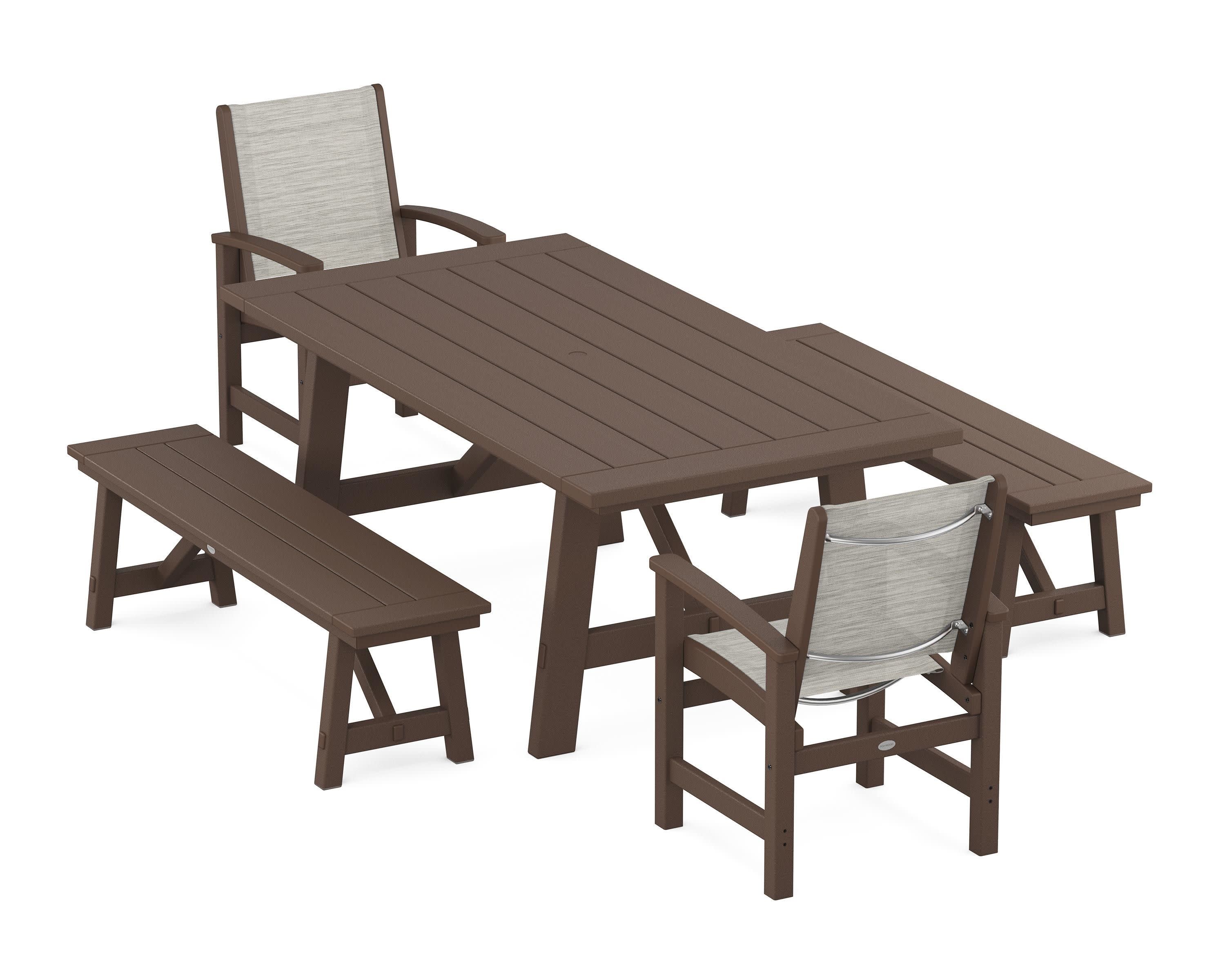 Coastal 5-Piece Rustic Farmhouse Dining Set With Benches in Mahogany / Birch Sling