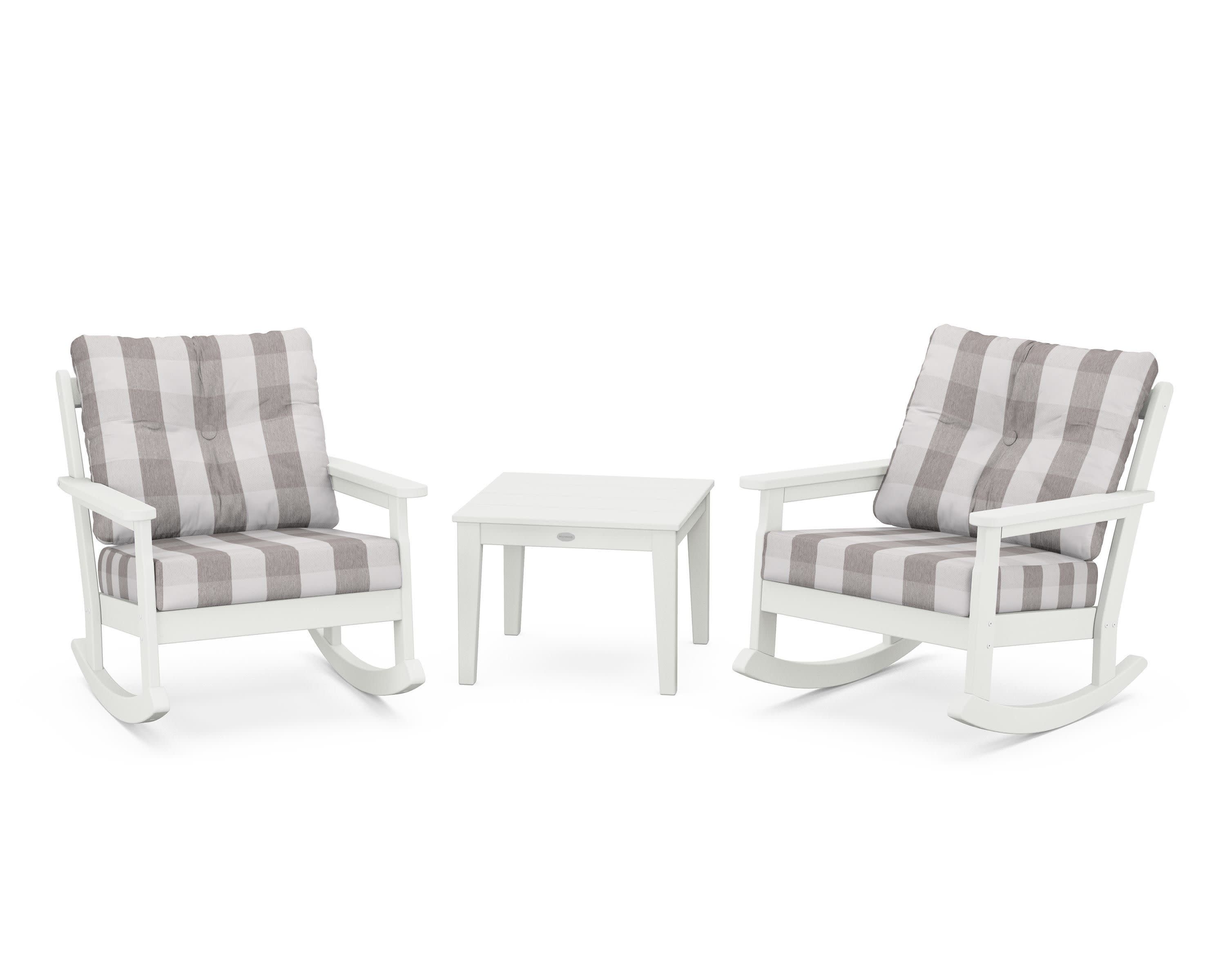 Vineyard 3-Piece Deep Seating Rocker Set in Vintage White / Buffalo Plaid Grey Mist