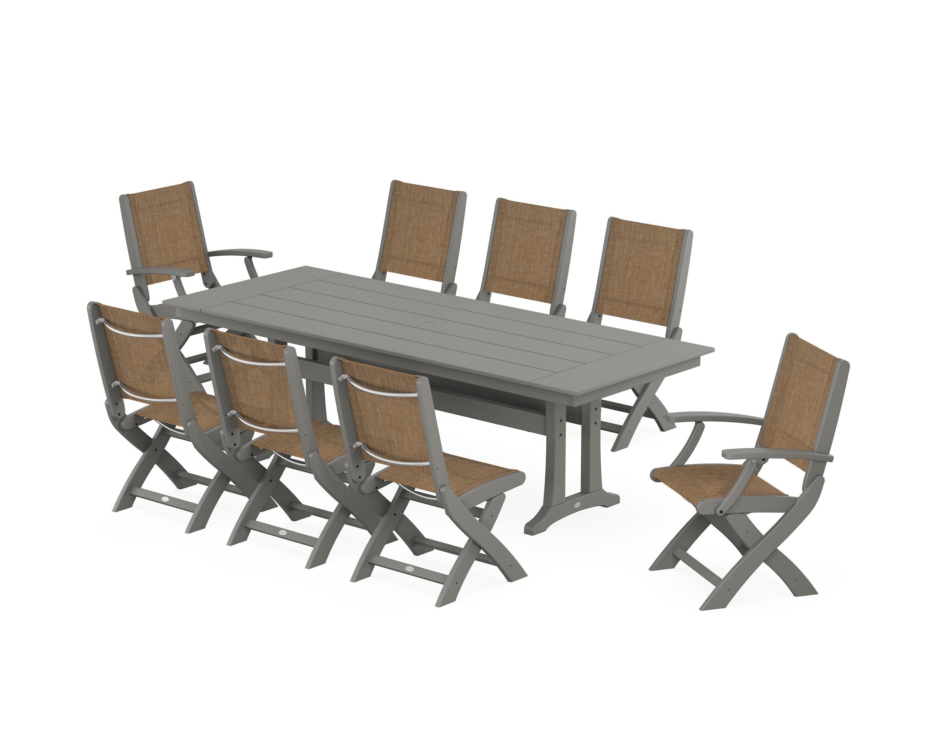 Coastal 9-Piece Folding Dining Chair Farmhouse Dining Set with Trestle Legs in Slate Grey / Burlap Sling