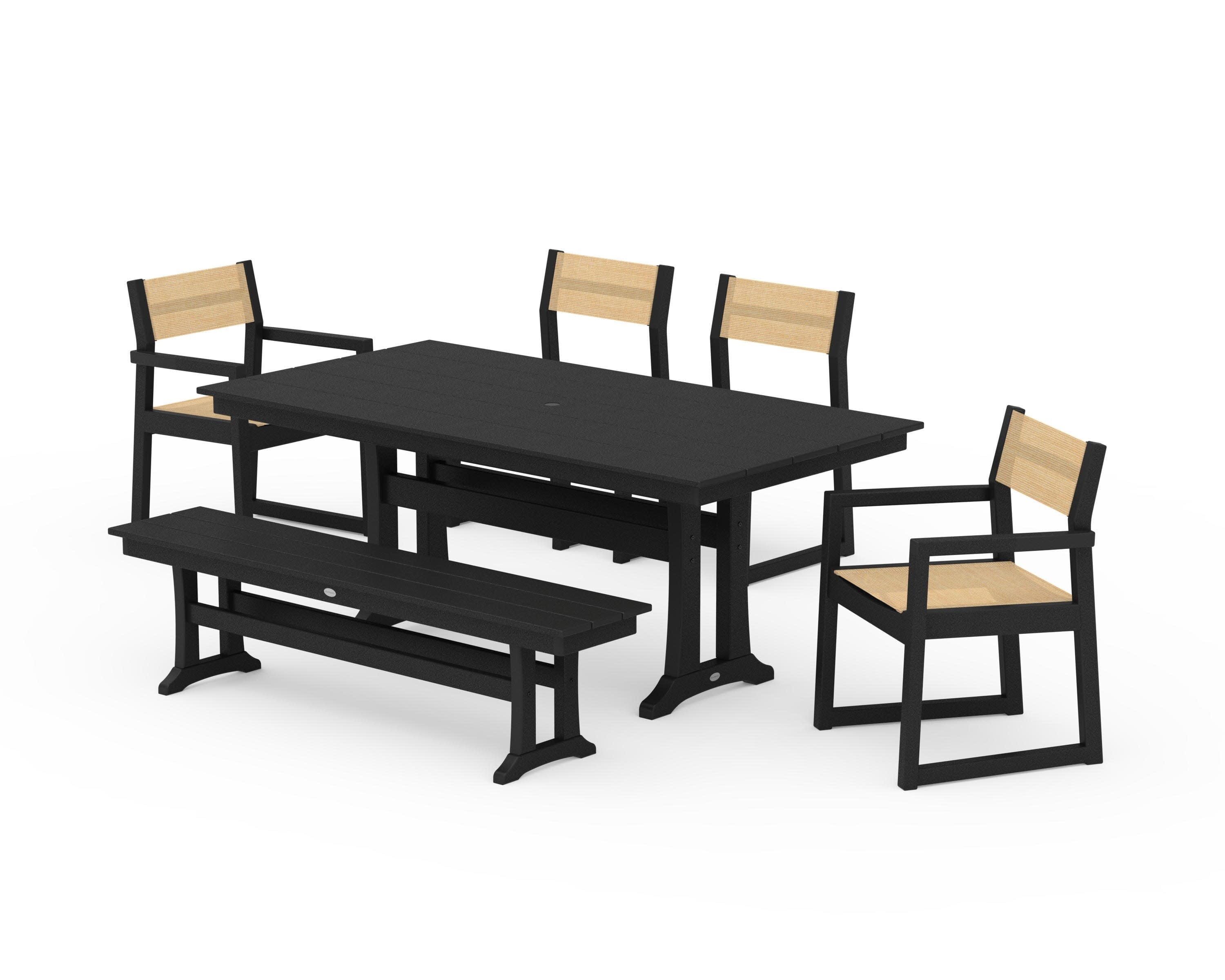 EDGE Sling 6-Piece Farmhouse Dining Set With Trestle Legs in Black / Dupioni Apricot Sling