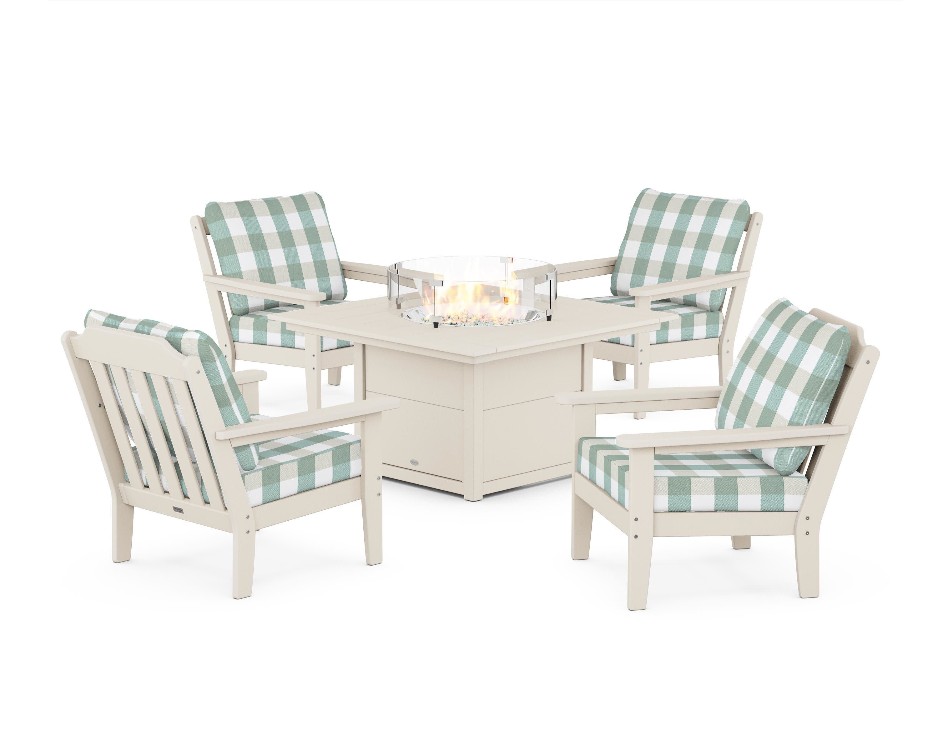 Cottage 5-Piece Deep Seating Set with Fire Pit Table in Sand / Buffalo Plaid Glacier Spa