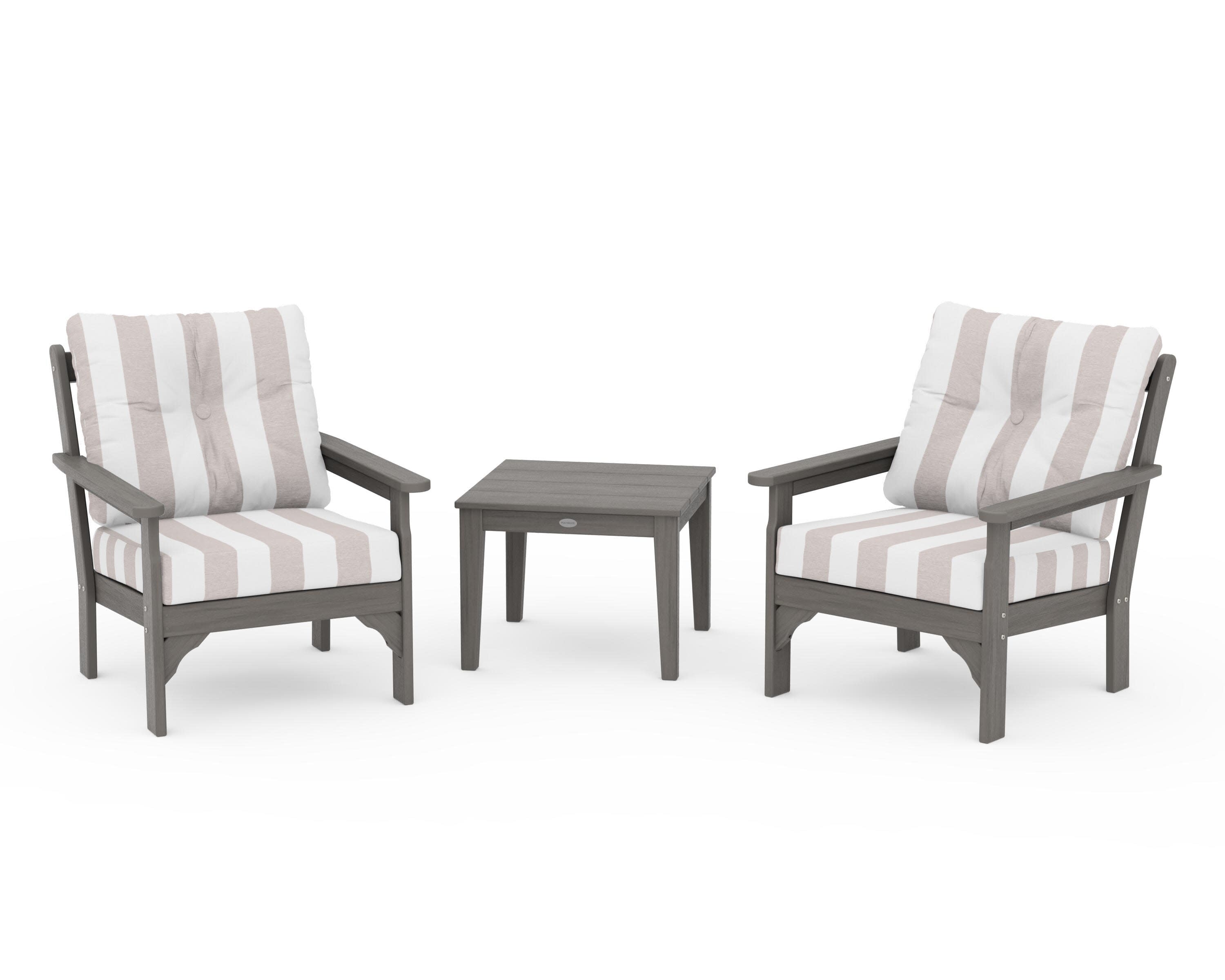 Vineyard 3-Piece Deep Seating Set in Driftwood / Cabana Stripe Dune Burlap