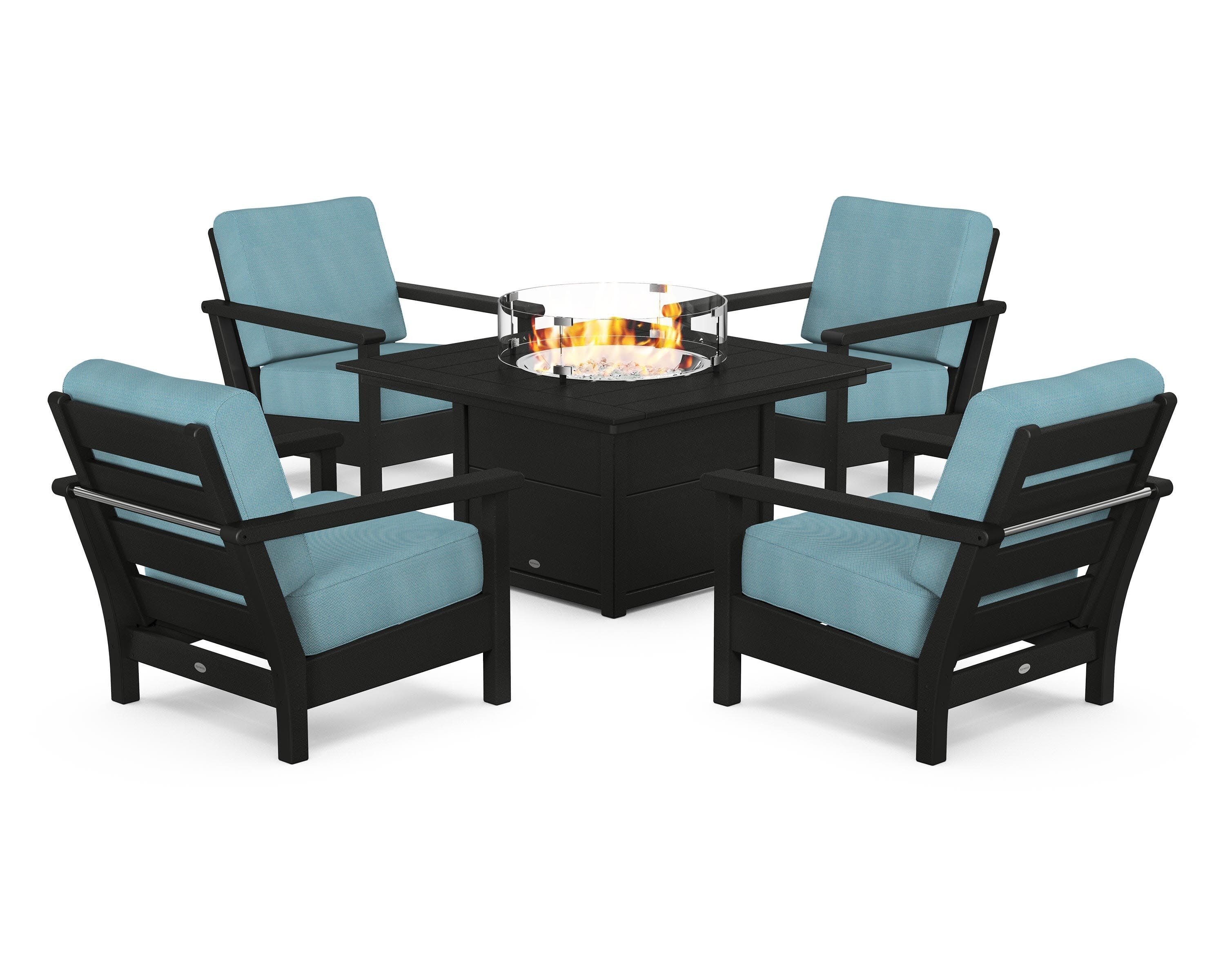Harbour 5-Piece Conversation Set with Fire Pit Table in Black / Lattice Sky Blue