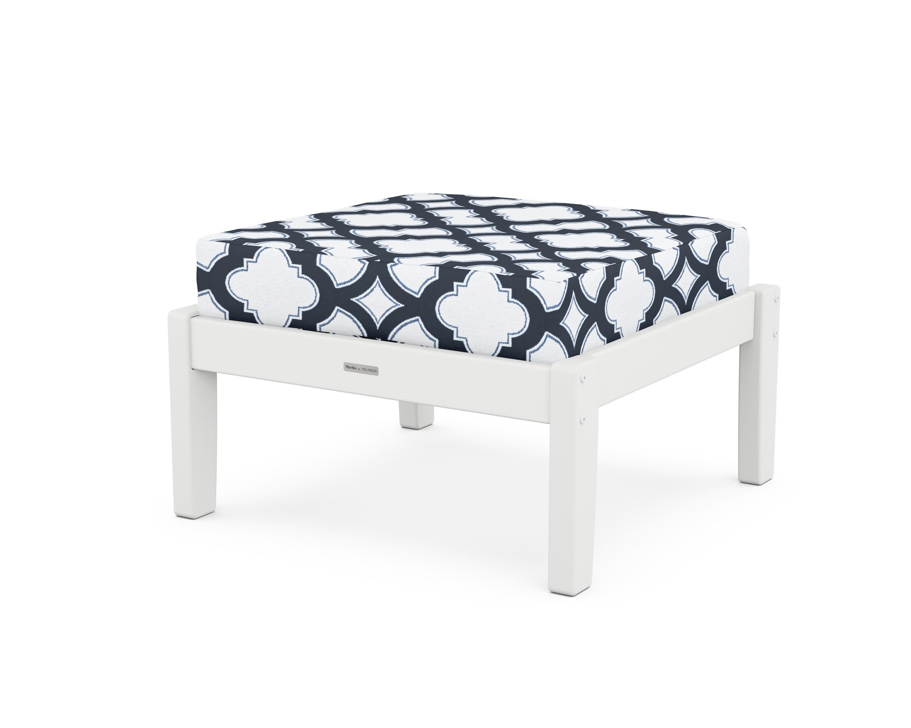 Chinoiserie Deep Seating Ottoman in White / Trellis Marine Indigo