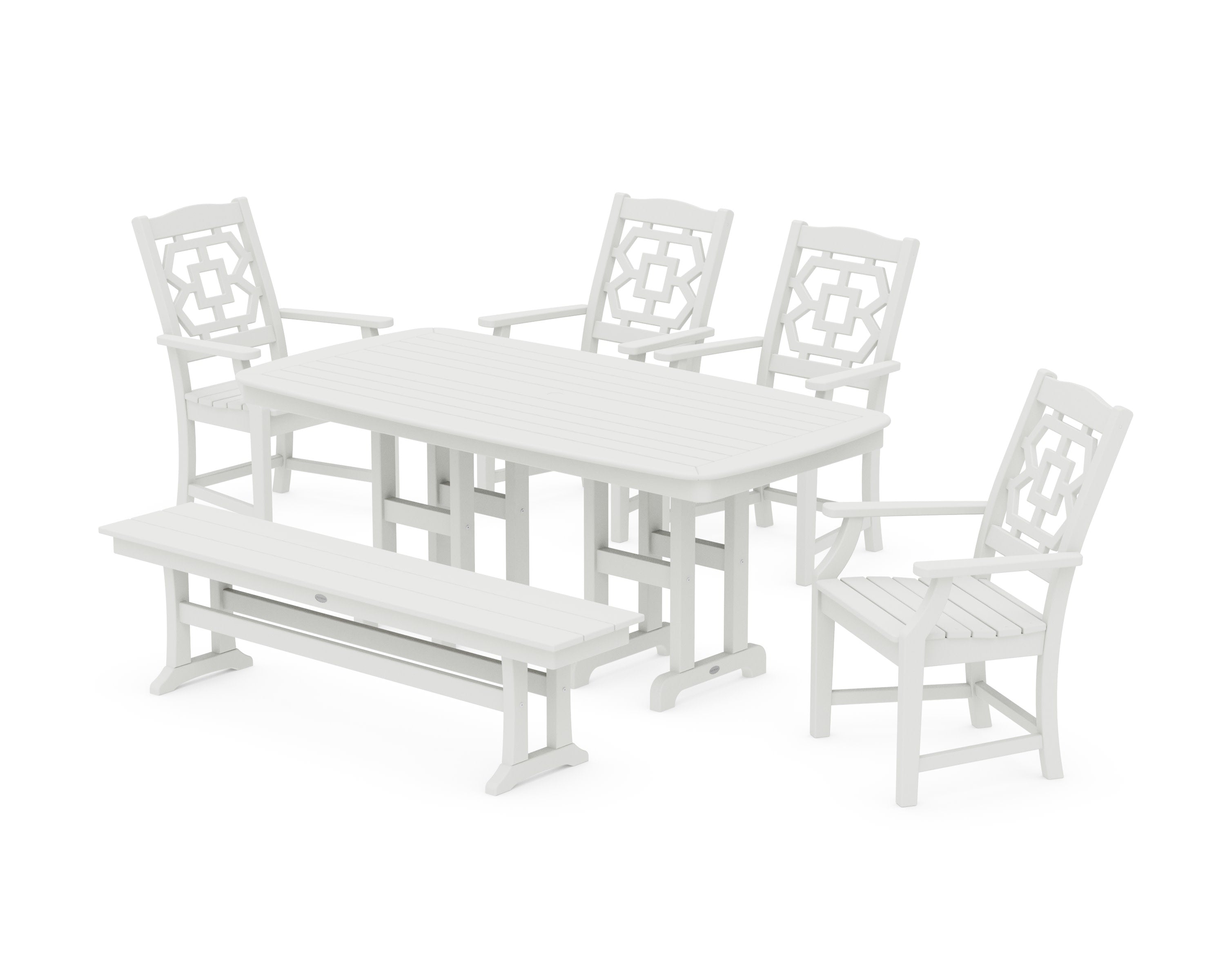 Chinoiserie 6-Piece Dining Set with Bench in Vintage White