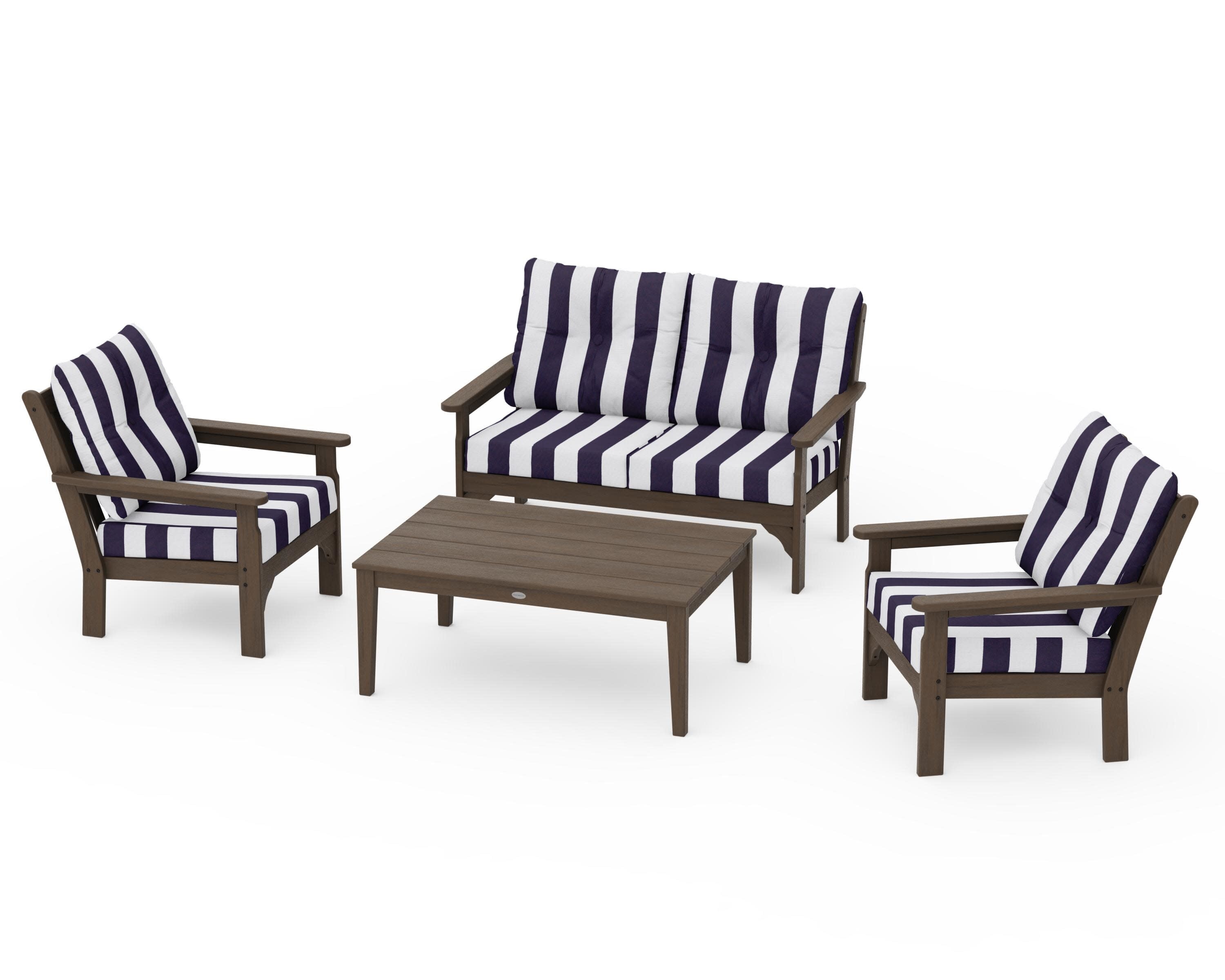 Vineyard 4-Piece Deep Seating Set in Kona / Cabana Stripe Navy