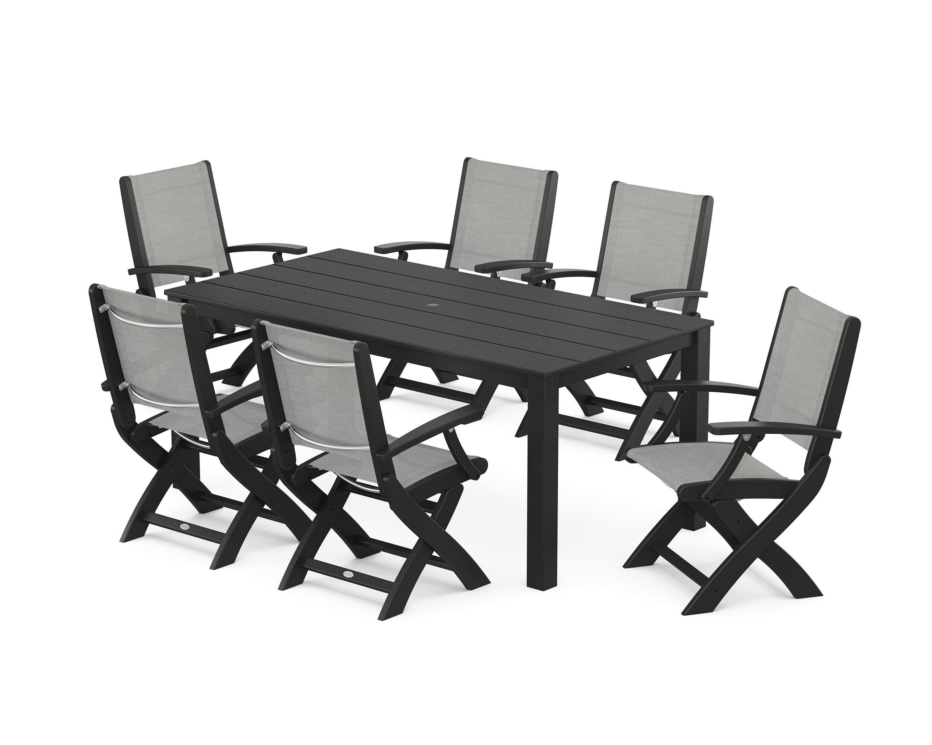 Coastal Folding Chair 7-Piece Parsons Dining Set in Black / Metallic Sling