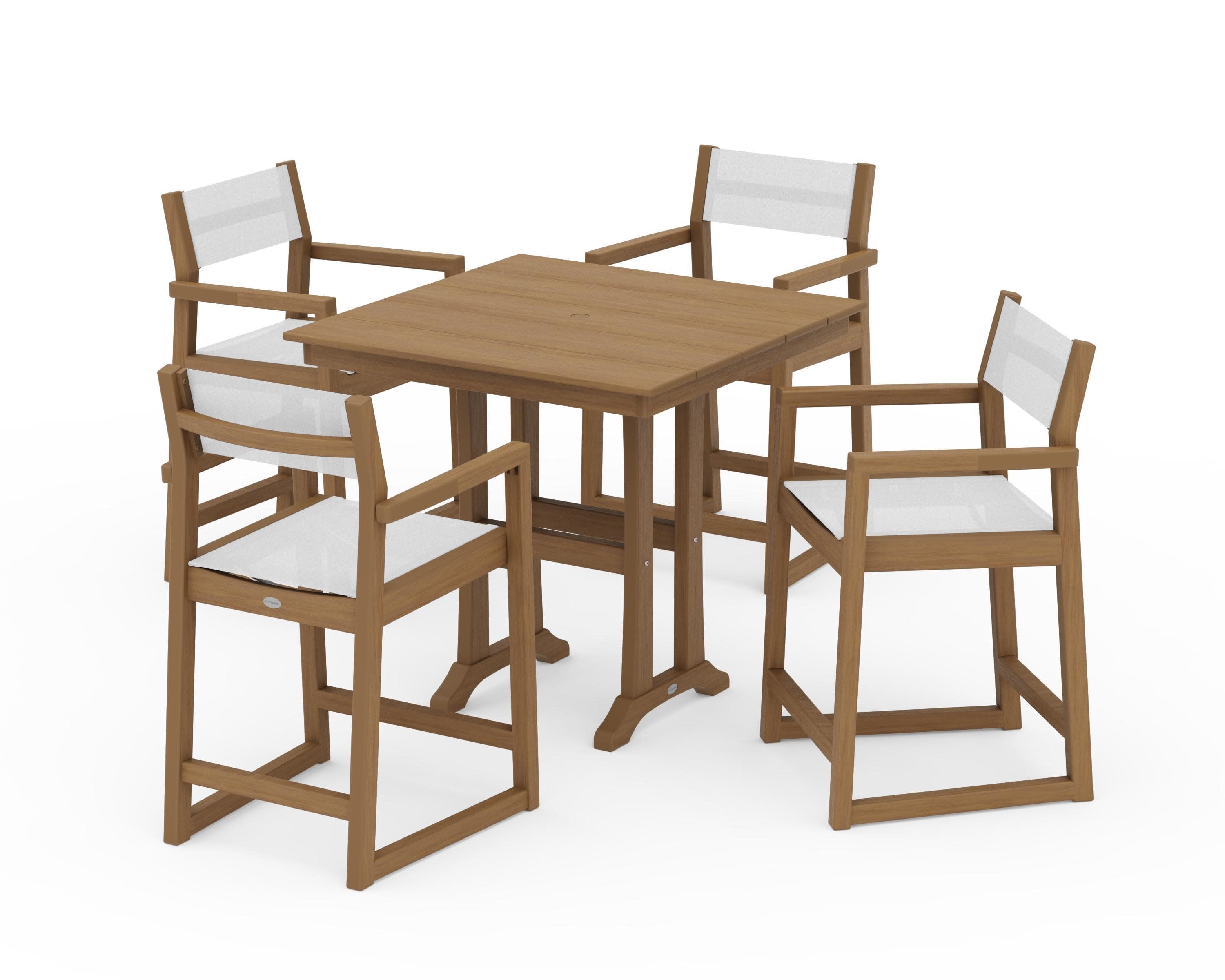 EDGE Sling Arm Chair 5-Piece Farmhouse Counter Set with Trestle Legs in Natural / White Sling