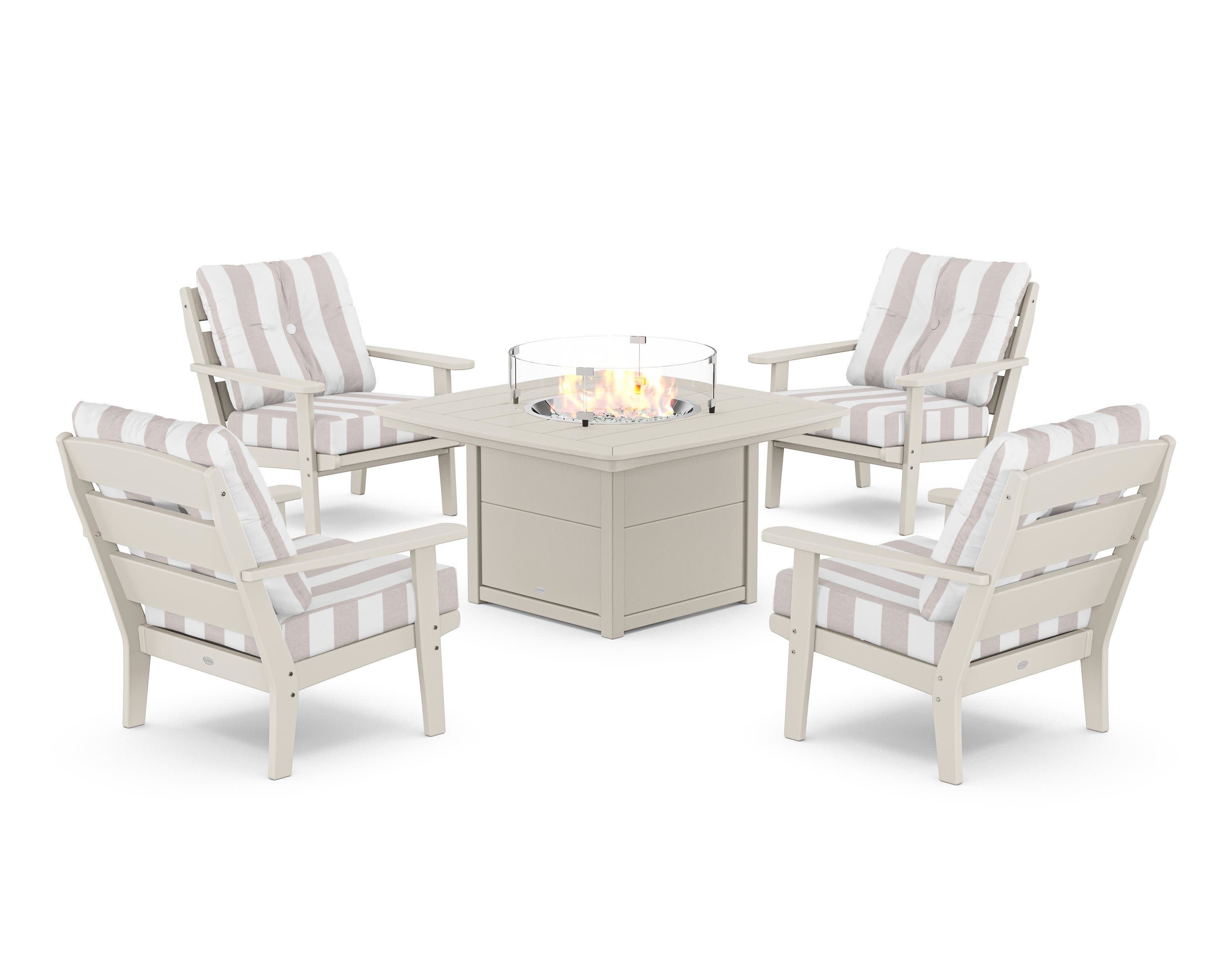 Lakeside 5-Piece Deep Seating Set with Nautical Fire Pit Table in Sand / Cabana Stripe Dune Burlap