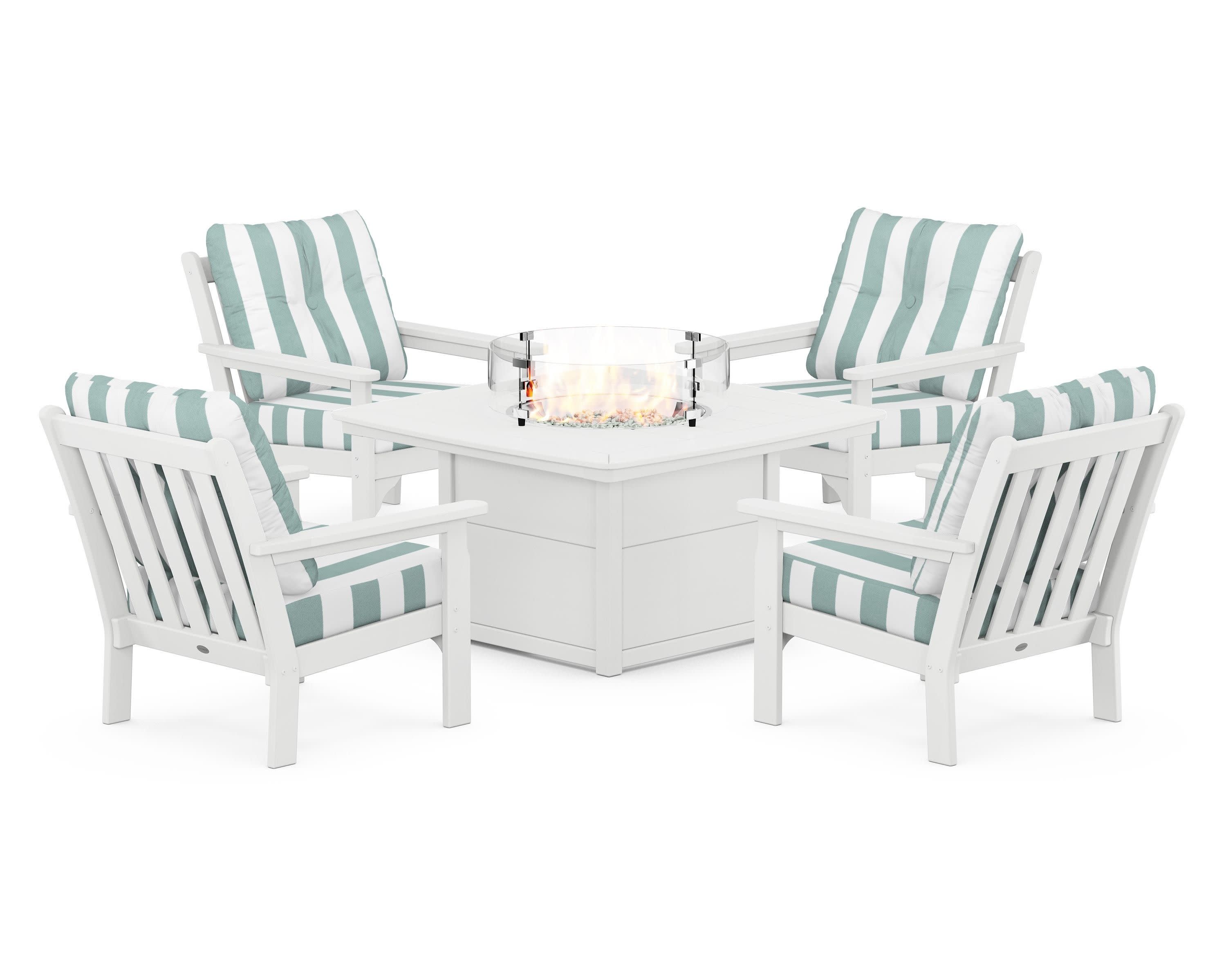 Vineyard 5-Piece Conversation Set with Fire Pit Table in White / Cabana Stripe Glacier Spa