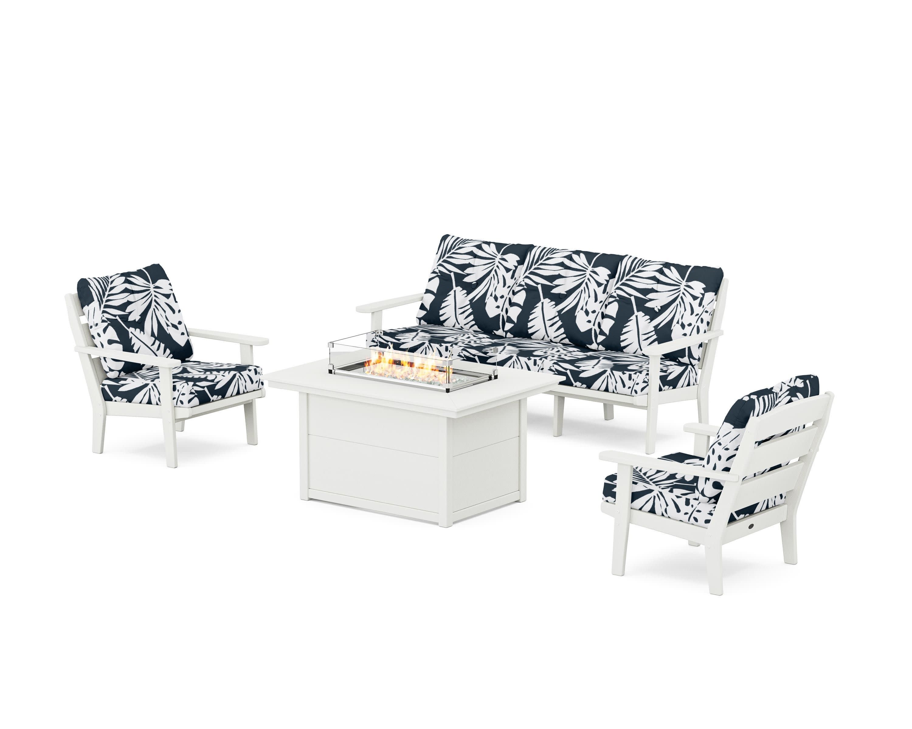 Lakeside Deep Seating Fire Pit Table Set in Vintage White / Leaf Marine Indigo